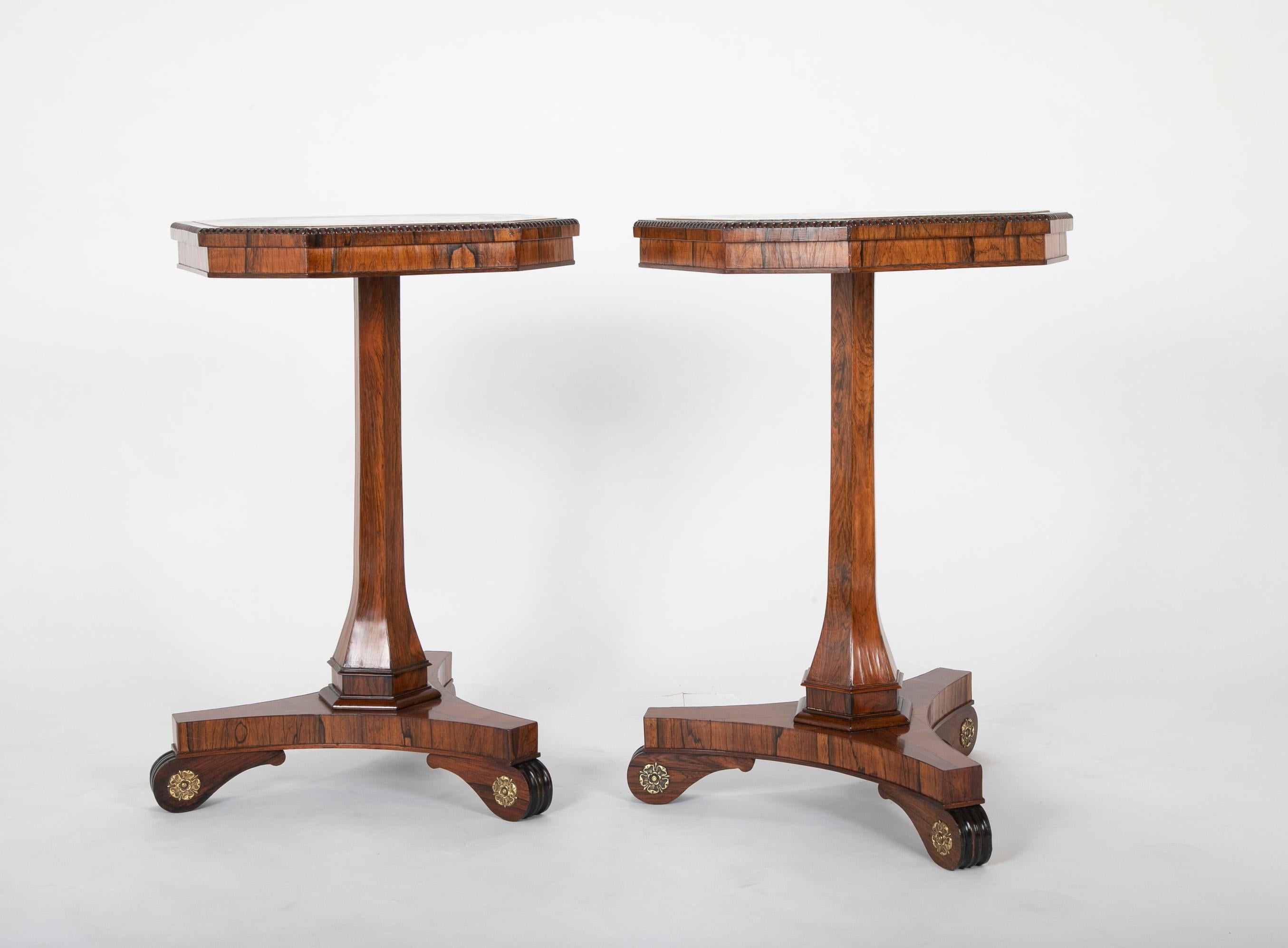 Pair of Georgian rosewood & specimen marble occasional tables. Each with a gridded selection of specimen marbles inset in the octagonal top with gadrooned edge raised on a flaring hexagonal stem, the tripartite plinth on scrolled feet having bronze
