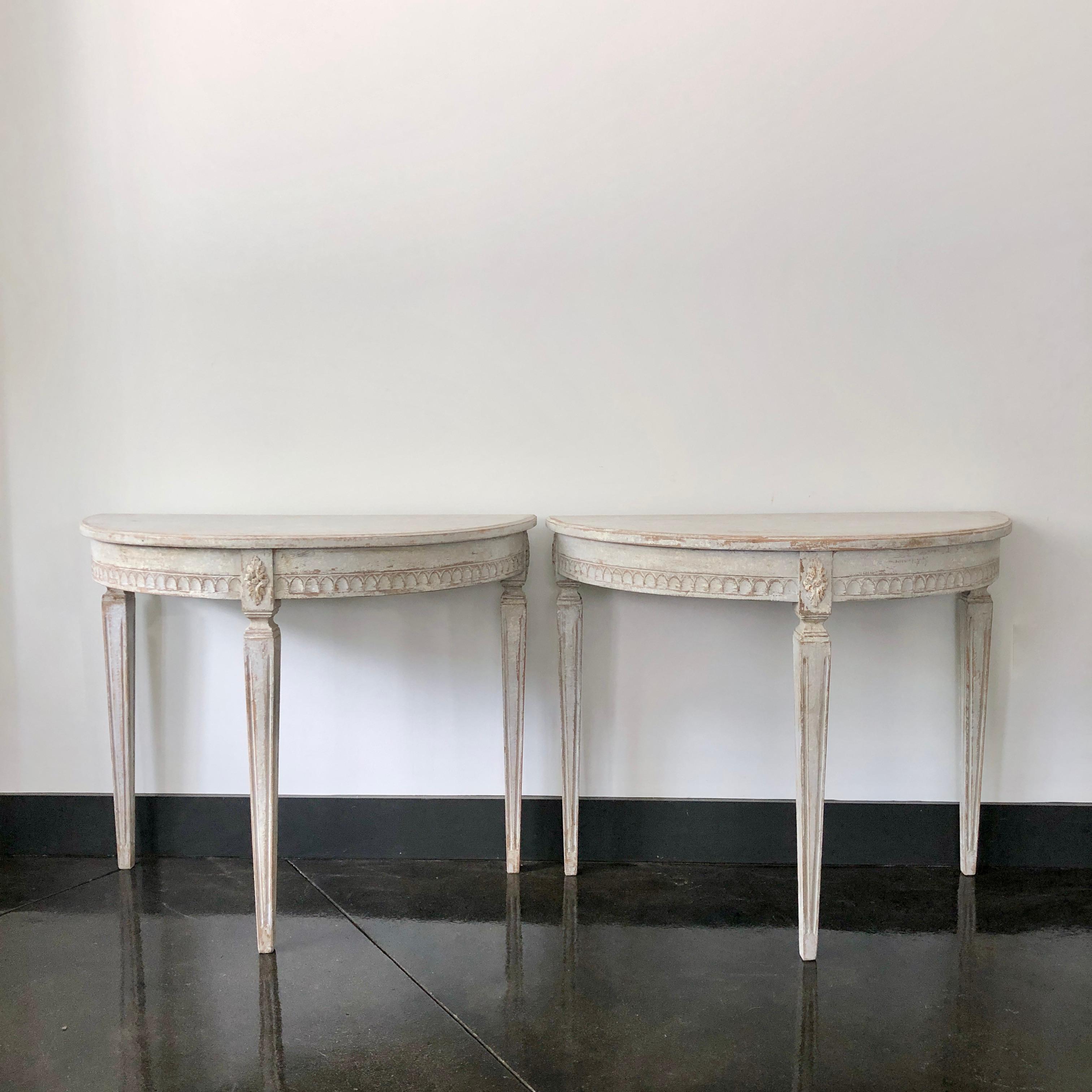 Hand-Carved Pair of Period Gustavian Demilune Console Tables