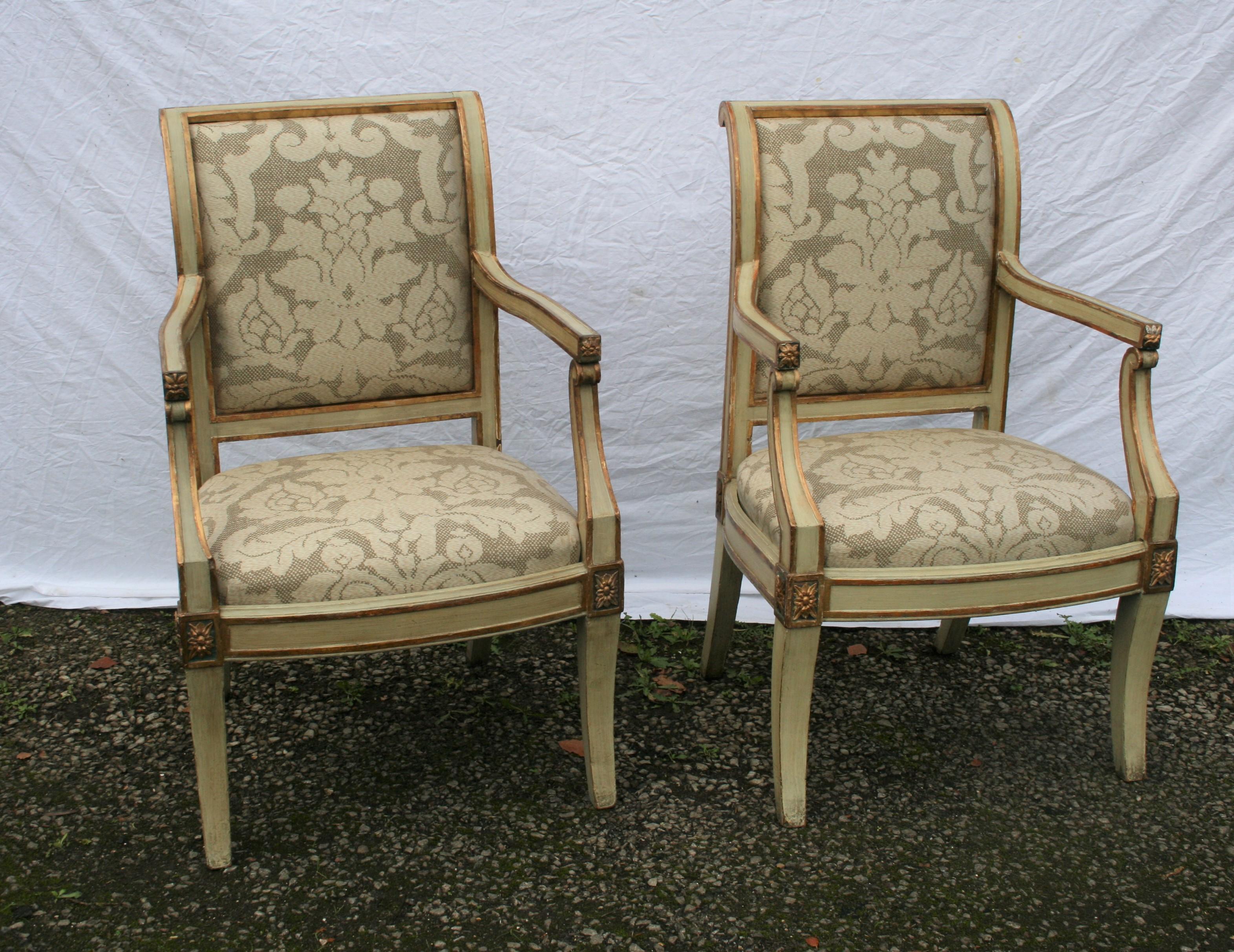 Well decorated pair of Italian chairs in original paint with new silk fabric (by design these chairs have drop in seat and back so easily recovered.
  