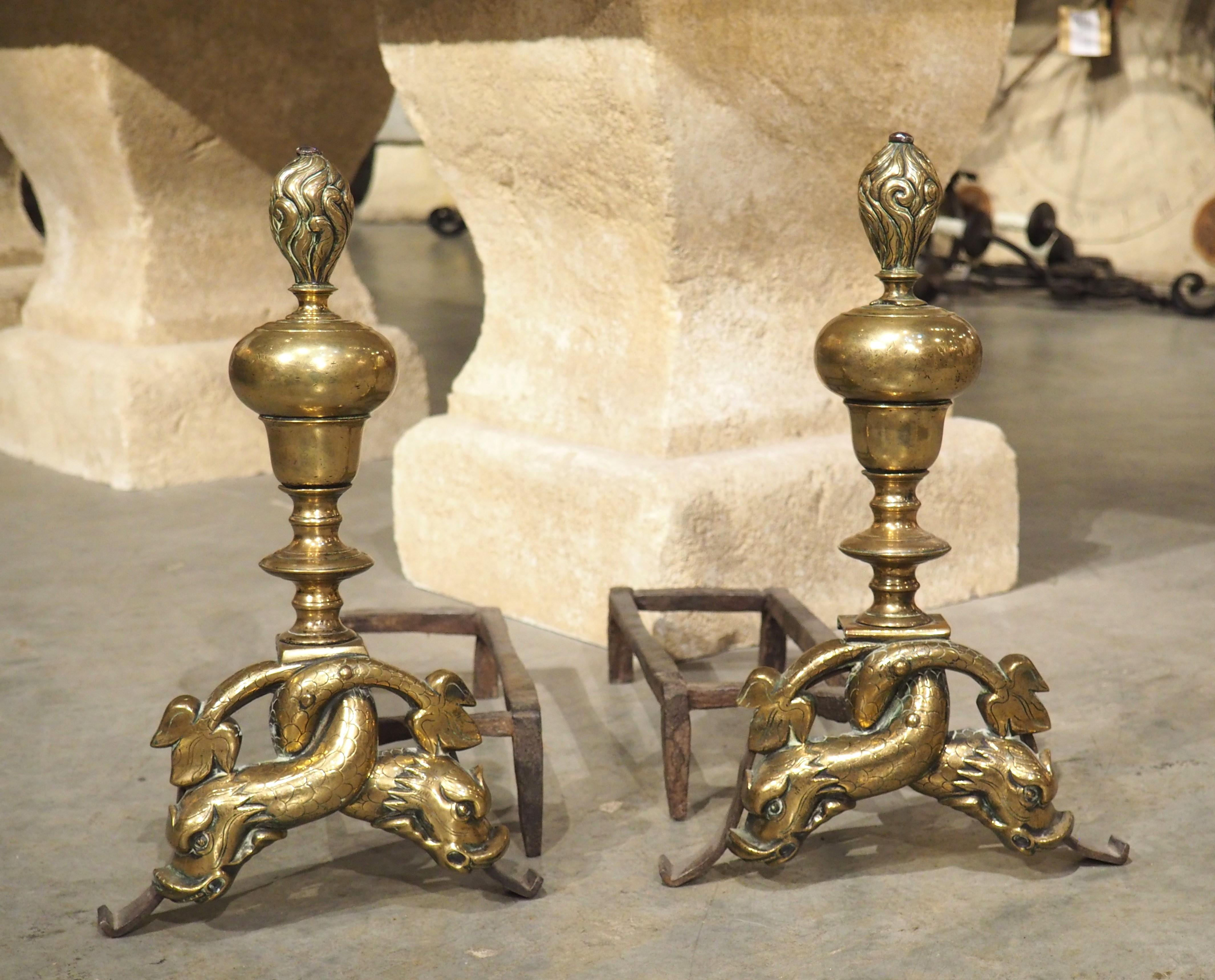 Pair of Antique French Bronze Chenets “Aux Dauphins” Circa 1700 For Sale 14