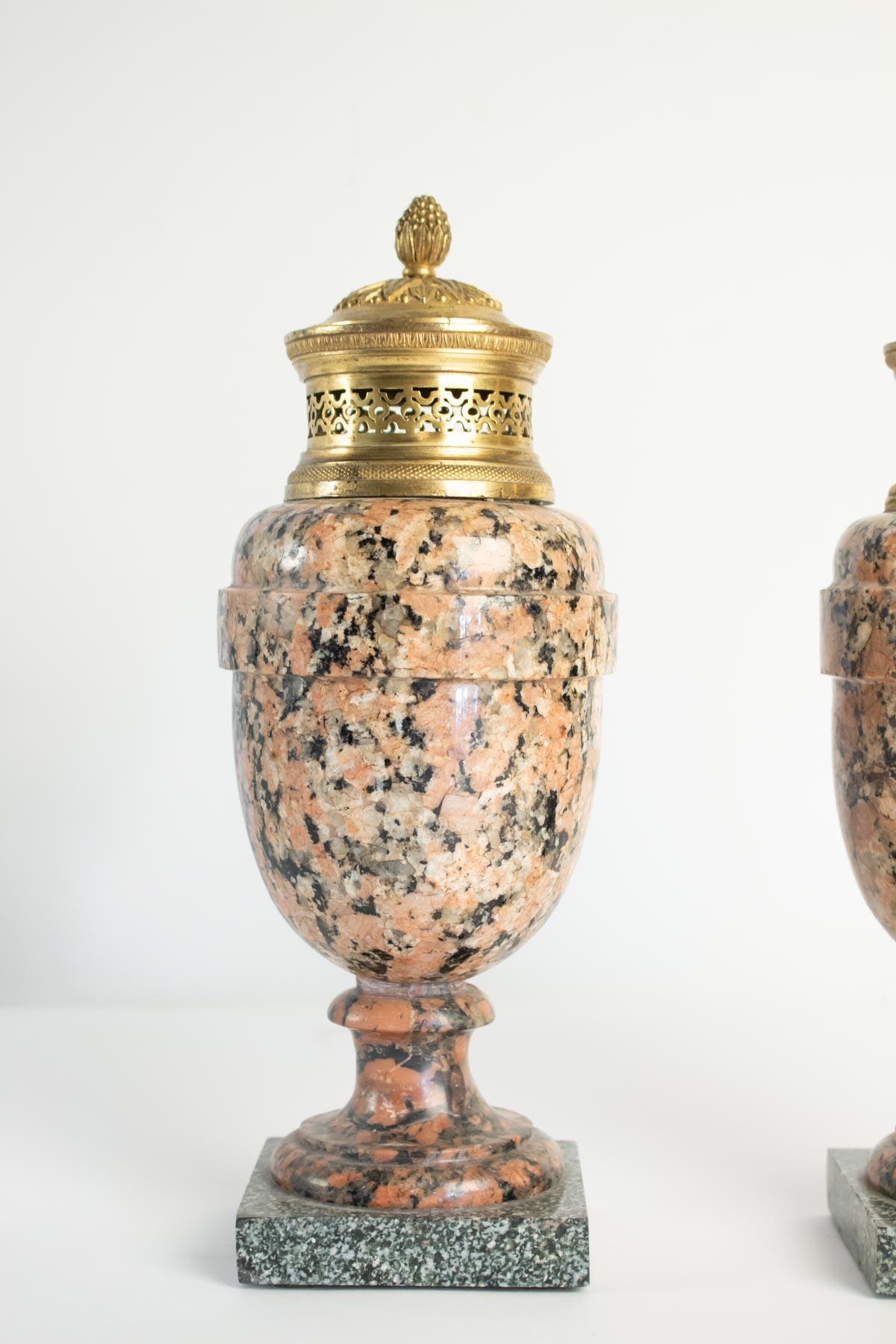 French Pair of Period Louis XVI Rose Granite Urns with Gold Gilt Bronze, 18th Century