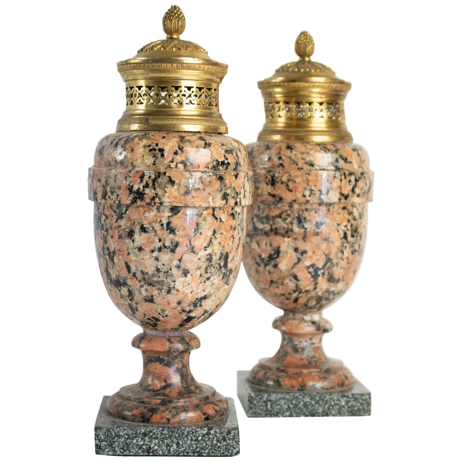 Pair of Period Louis XVI Rose Granite Urns with Gold Gilt Bronze, 18th Century