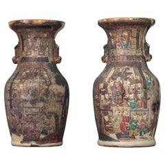Antique Pair of Period Nanking Polychromes Porcelain Vases