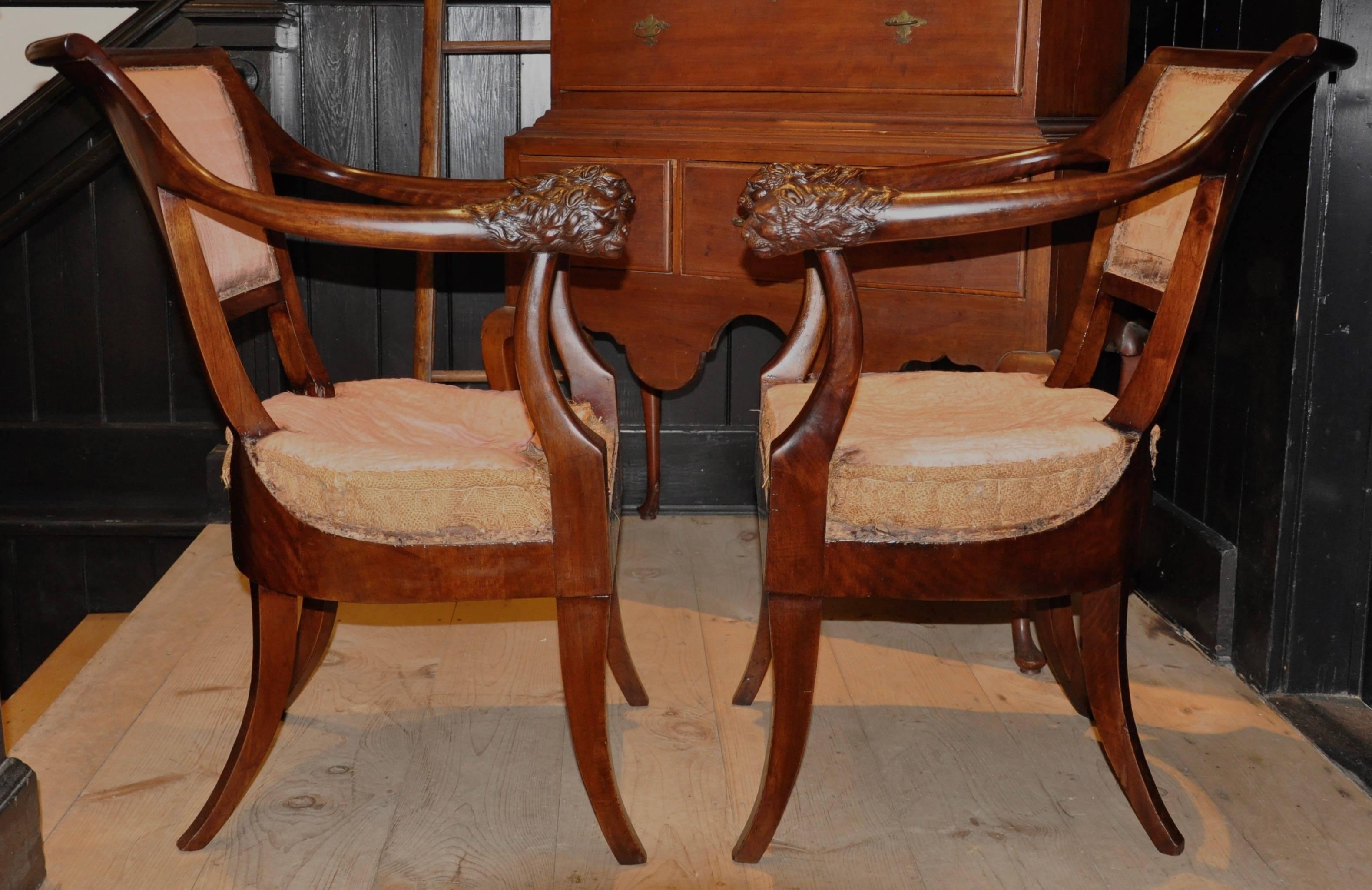 Carved Pair of Period Russian or Austrian Neoclassical Walnut Chairs with Lion Motif For Sale