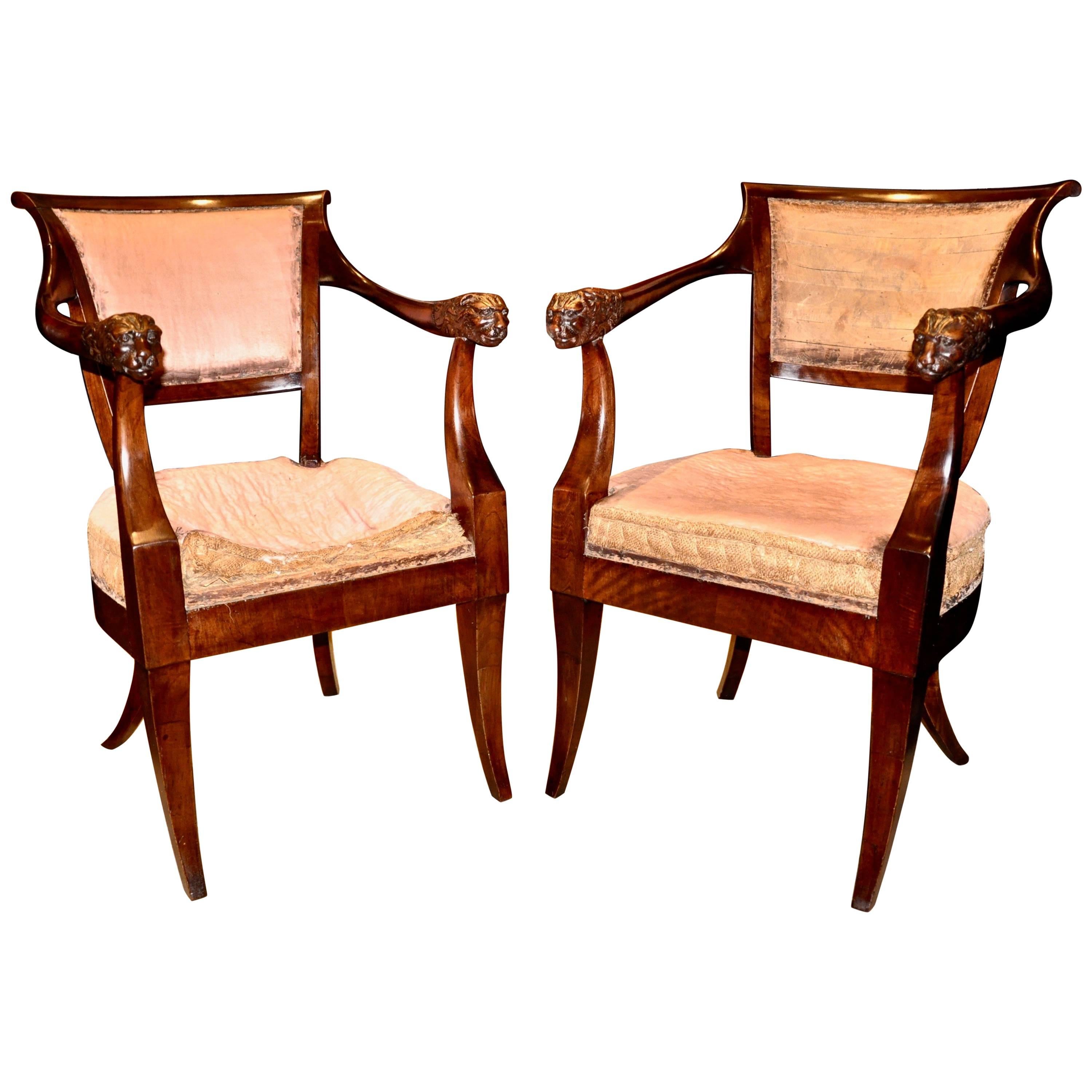 Pair of Period Russian or Austrian Neoclassical Walnut Chairs with Lion Motif For Sale