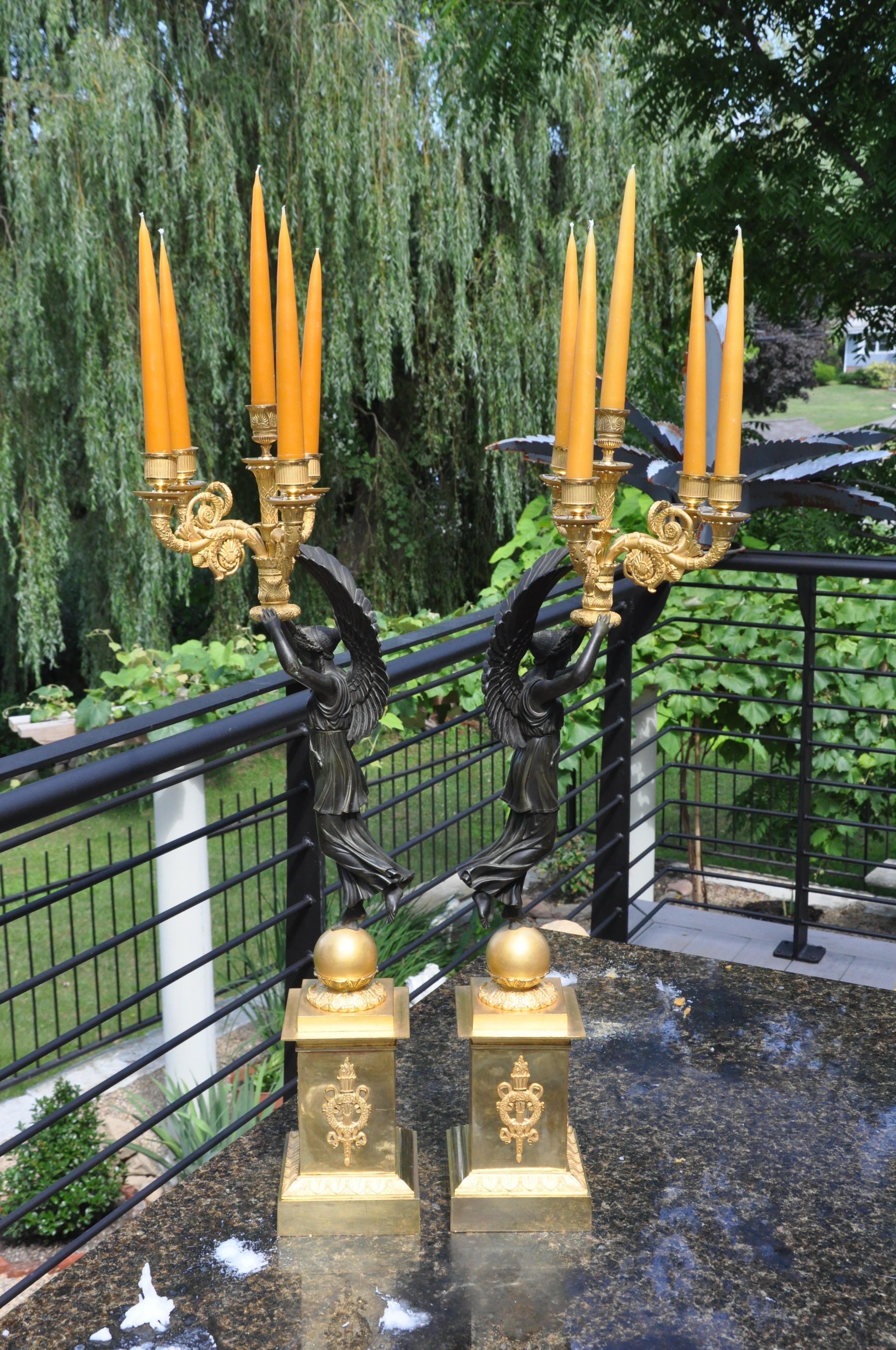 Pair of Period Signed French Empire Ormolu and Bronze Figural Candelabra 2