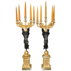 Antique Pair of Period Signed French Empire Ormolu and Bronze Figural Candelabra
