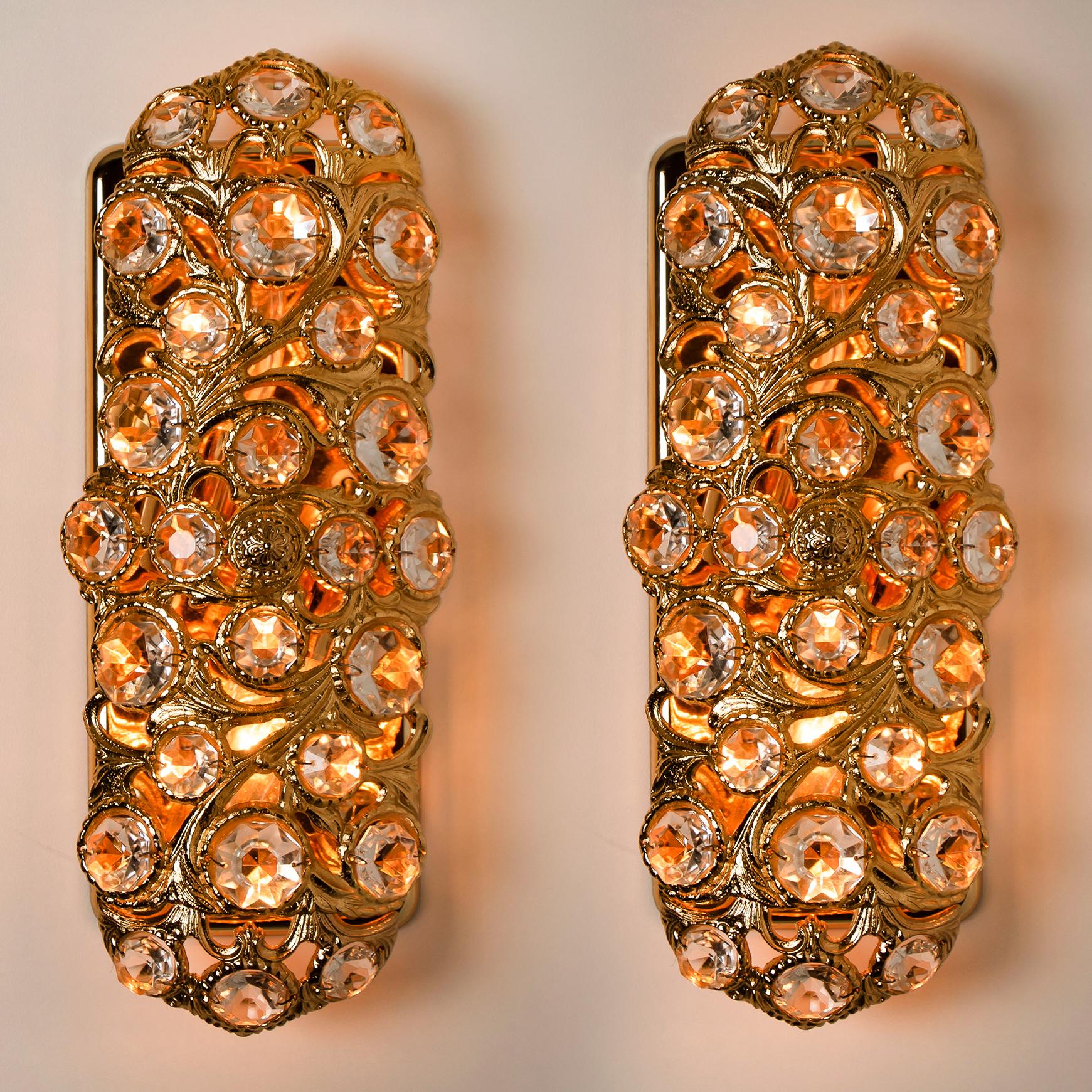 Hollywood Regency Pair of Peris Andreu Glass Prism Gold Toned Sconces, 1960