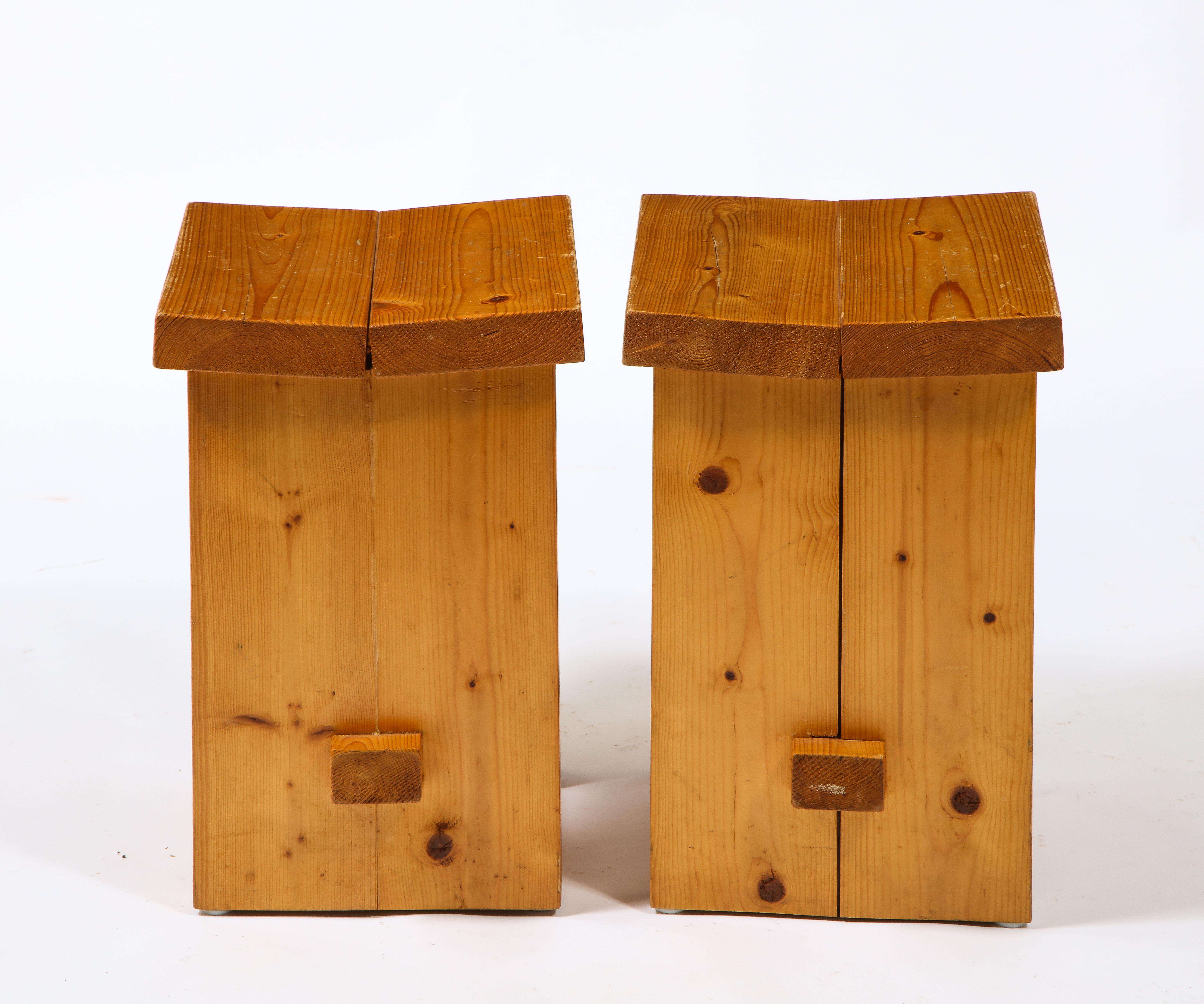 Pair of Perriand Style Brutalist Pine Stools, France 1960's For Sale 4