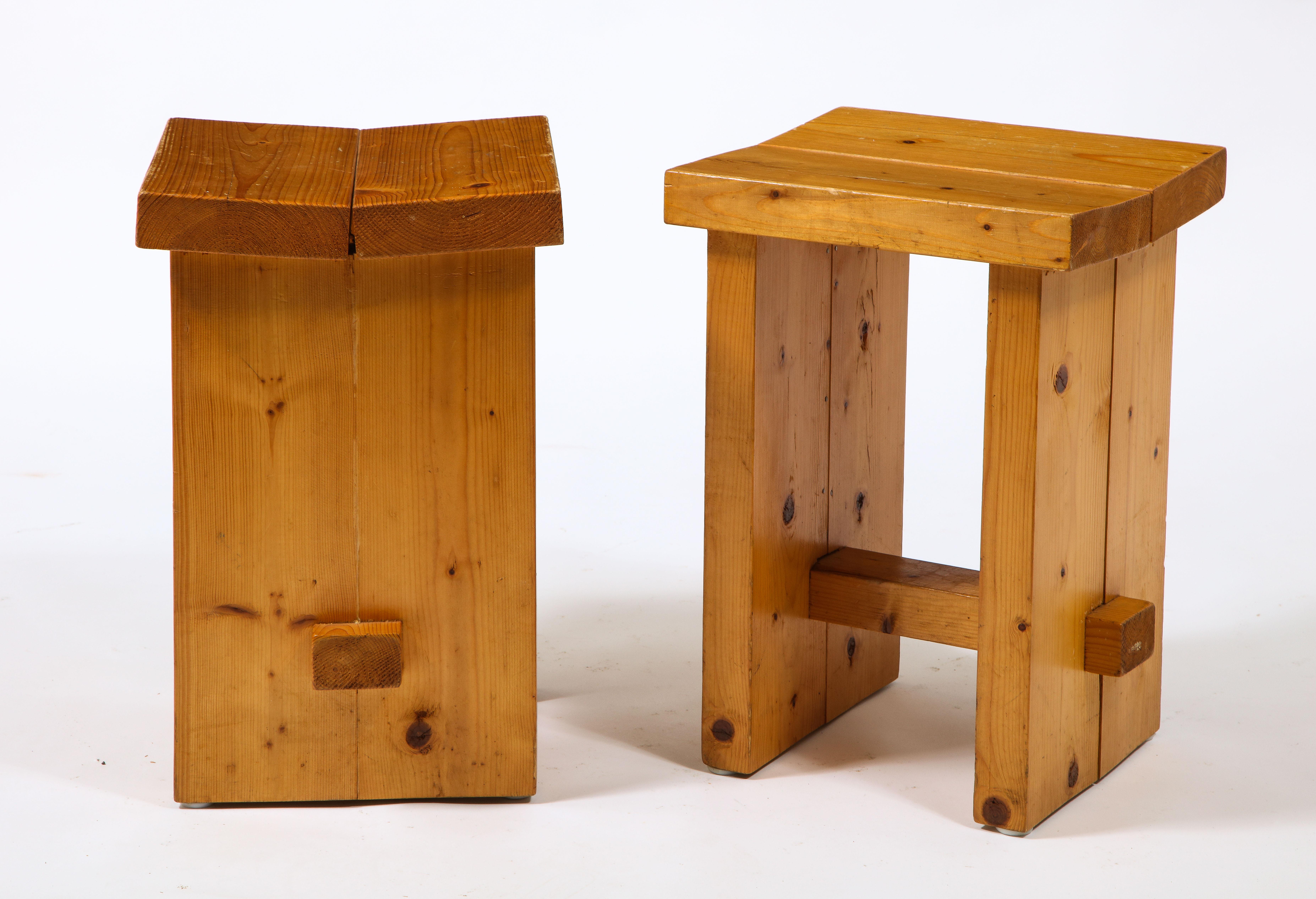 Pair of Perriand Style Brutalist Pine Stools, France 1960's For Sale 6