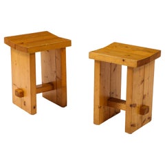 Pair of Perriand Style Brutalist Pine Stools, France 1960's