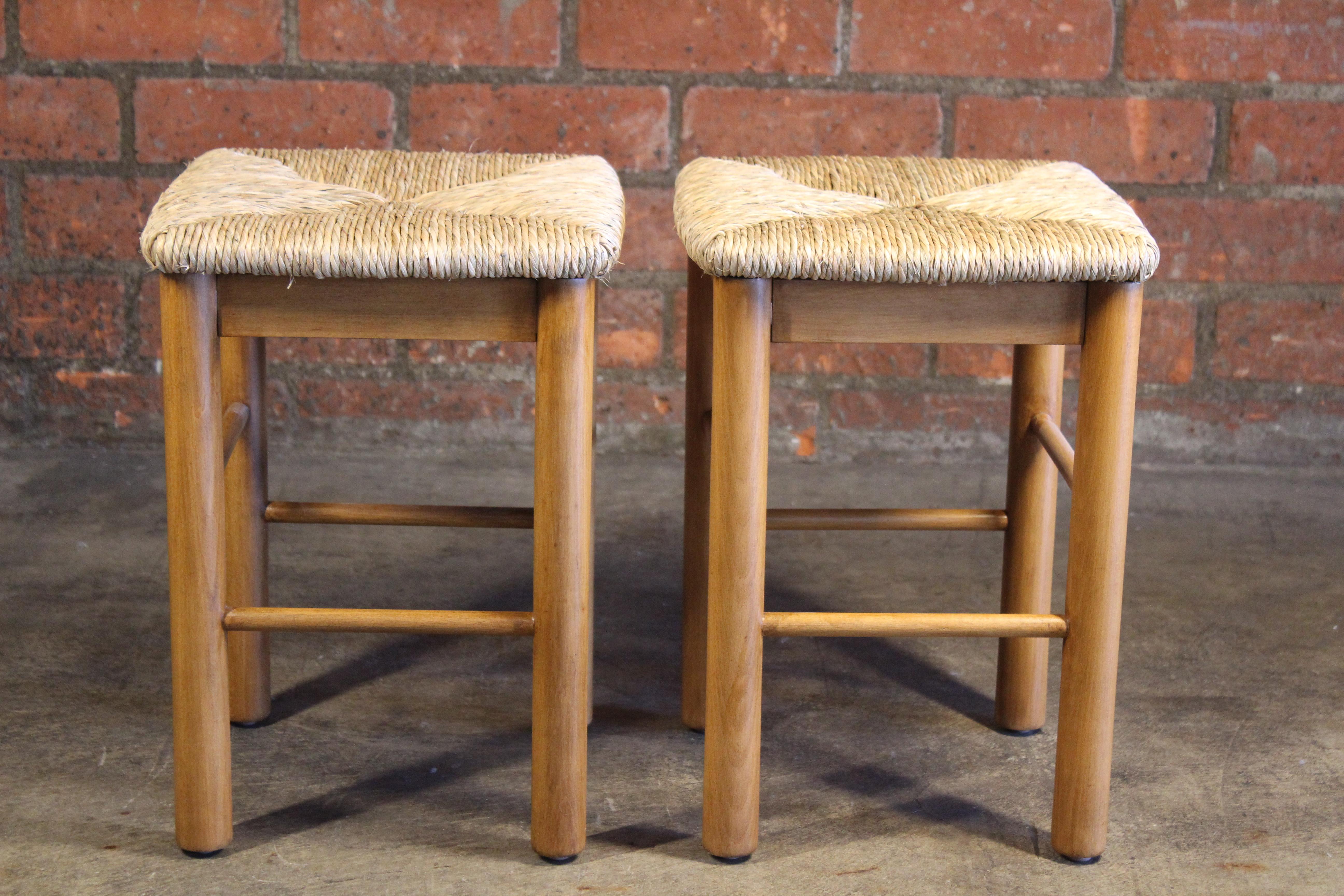Mid-Century Modern Pair of Perriand Style Rush Stools, France, 1960s For Sale