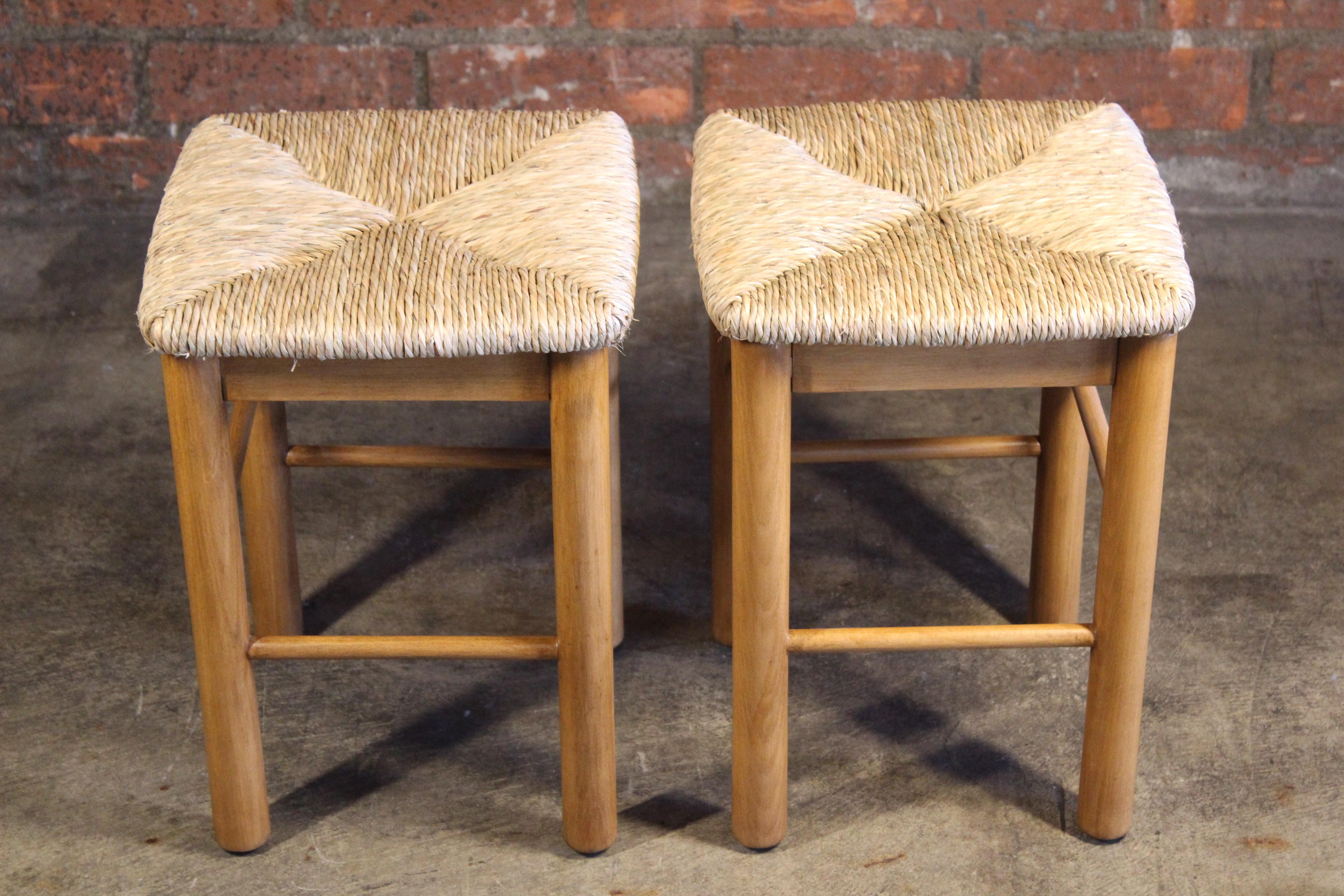 French Pair of Perriand Style Rush Stools, France, 1960s For Sale