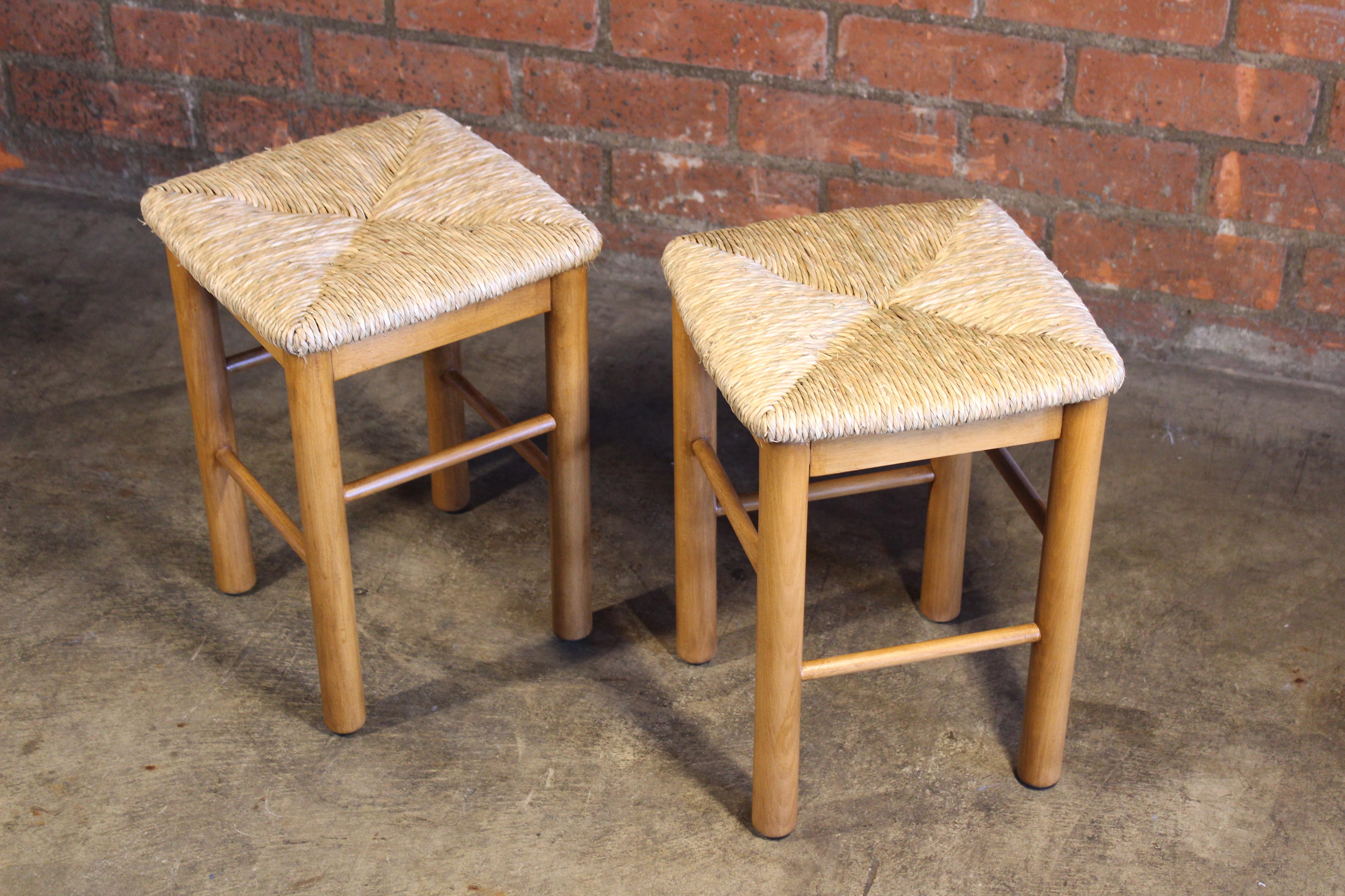 Mid-20th Century Pair of Perriand Style Rush Stools, France, 1960s For Sale