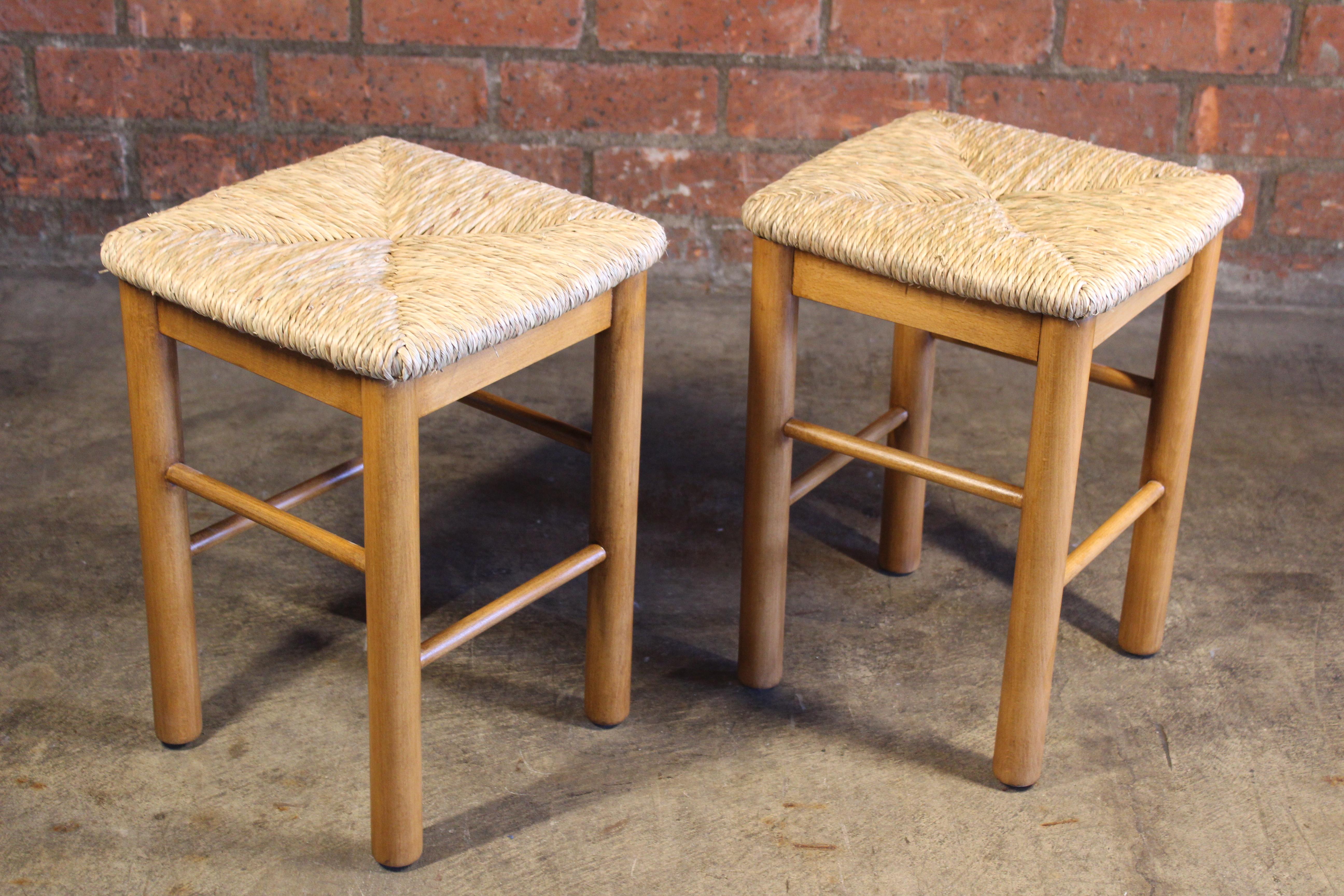 Pair of Perriand Style Rush Stools, France, 1960s For Sale 1