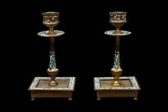 Pair of Persian Champleve & Onyx Candlesticks