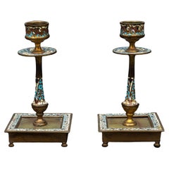 Pair of Persian Champleve & Onyx Candlesticks