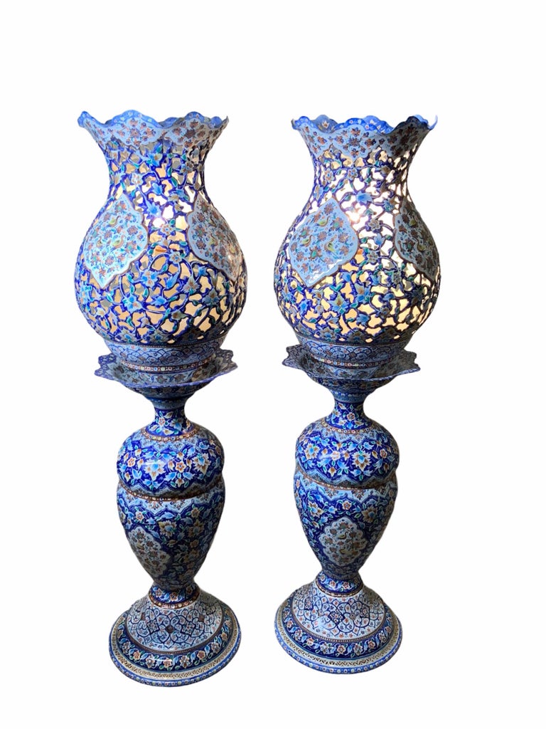 Pair of Persian Enameled Copper Table Lamps at 1stDibs | iranian lamp, persian  lamps for sale, iranian lamps