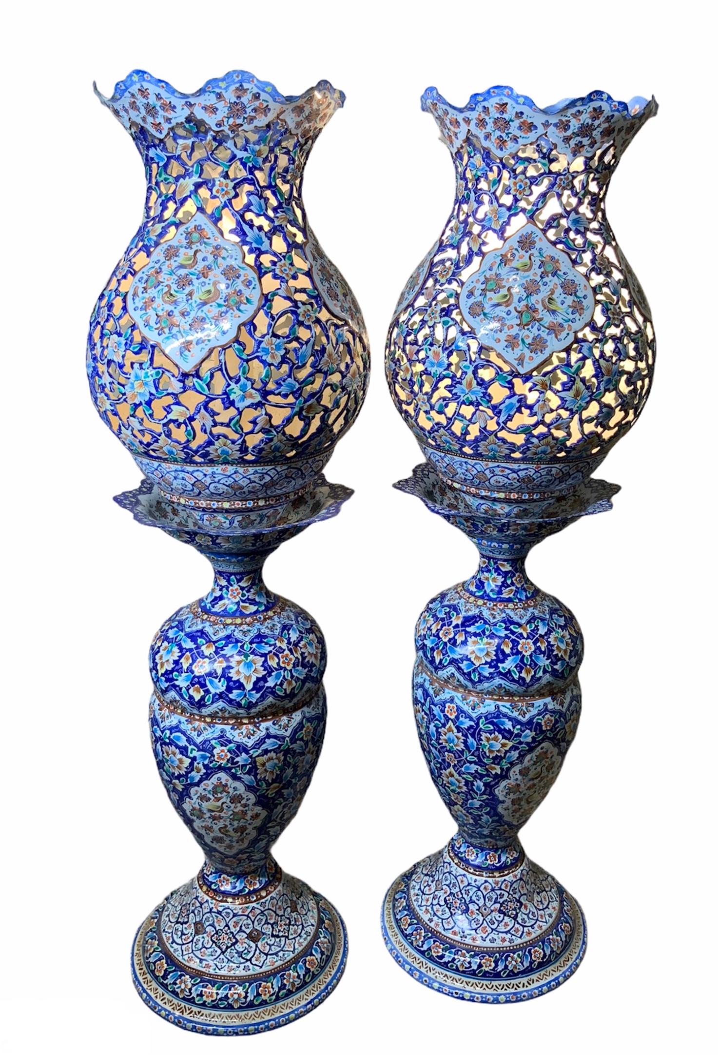 20th Century Pair of Persian Enameled Copper Table Lamps