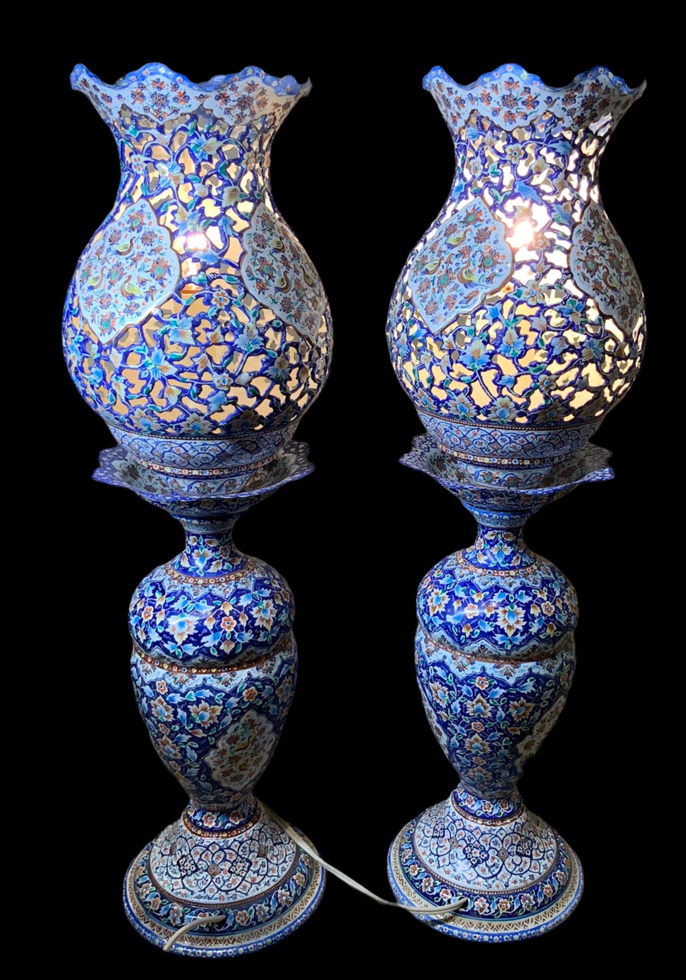 Pair of Persian Enameled Copper Table Lamps 1