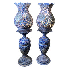 Pair of Persian Enameled Copper Table Lamps