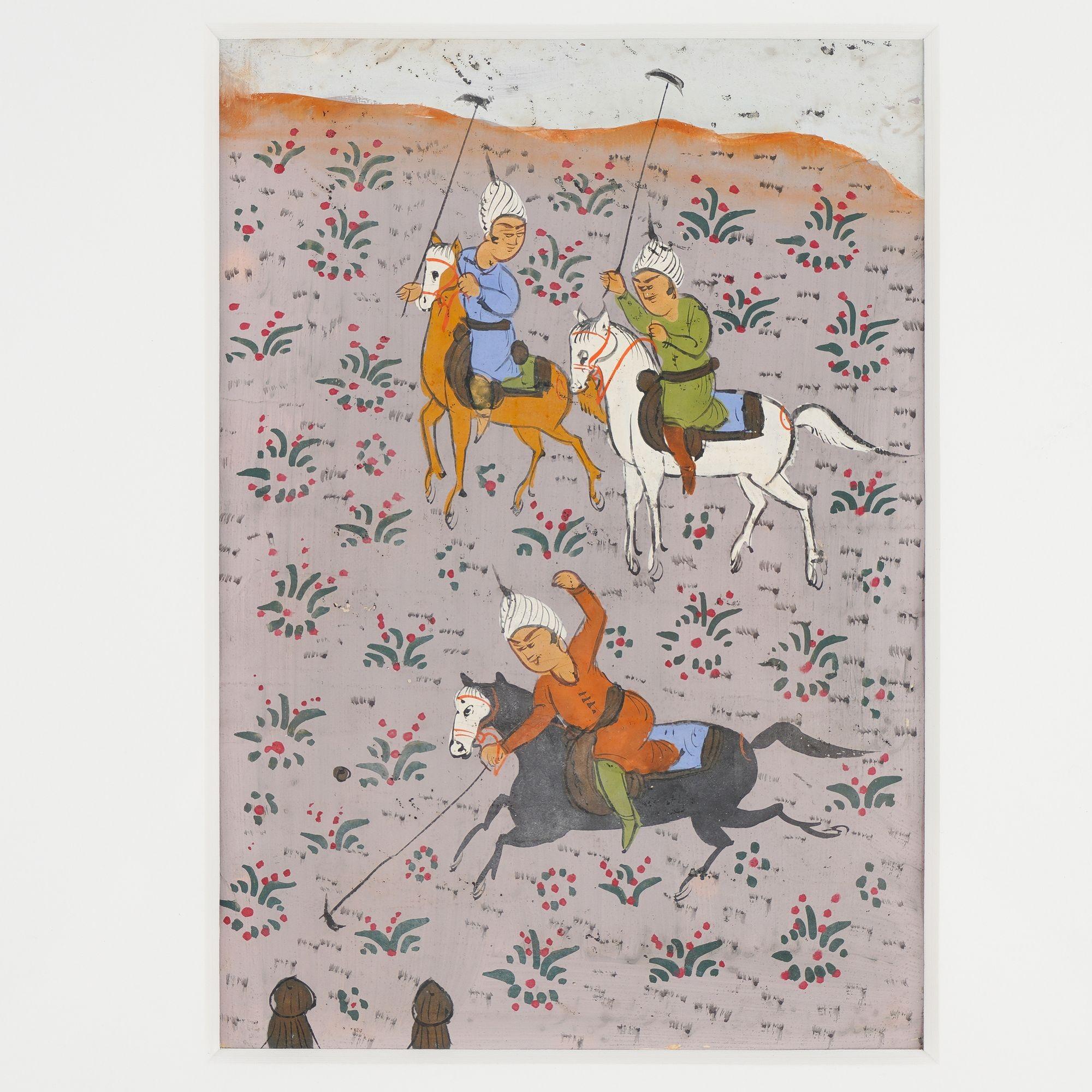 Pair of Persian gouache paintings of polo players, 1800's In Good Condition For Sale In Kenilworth, IL