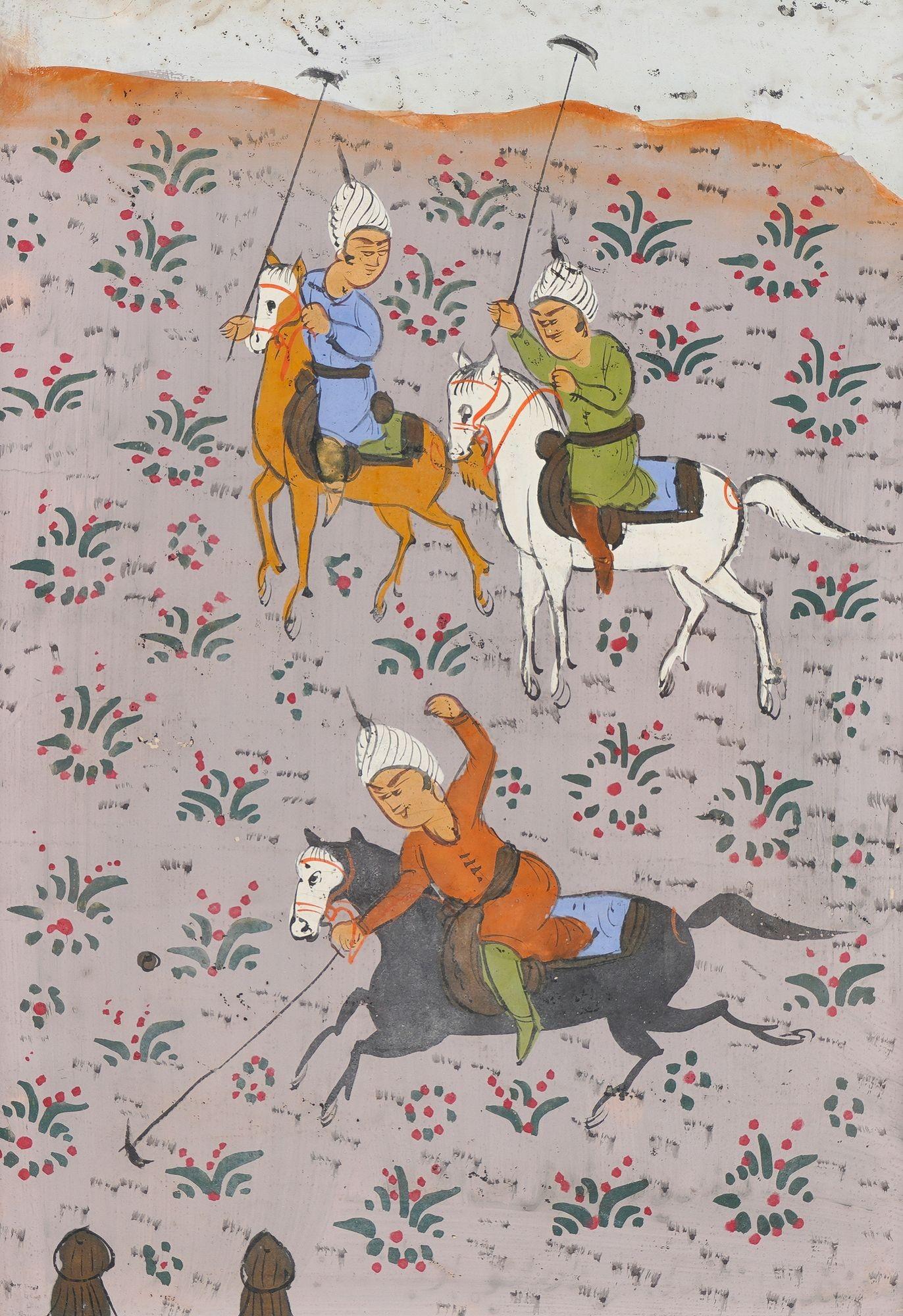 19th Century Pair of Persian gouache paintings of polo players, 1800's For Sale