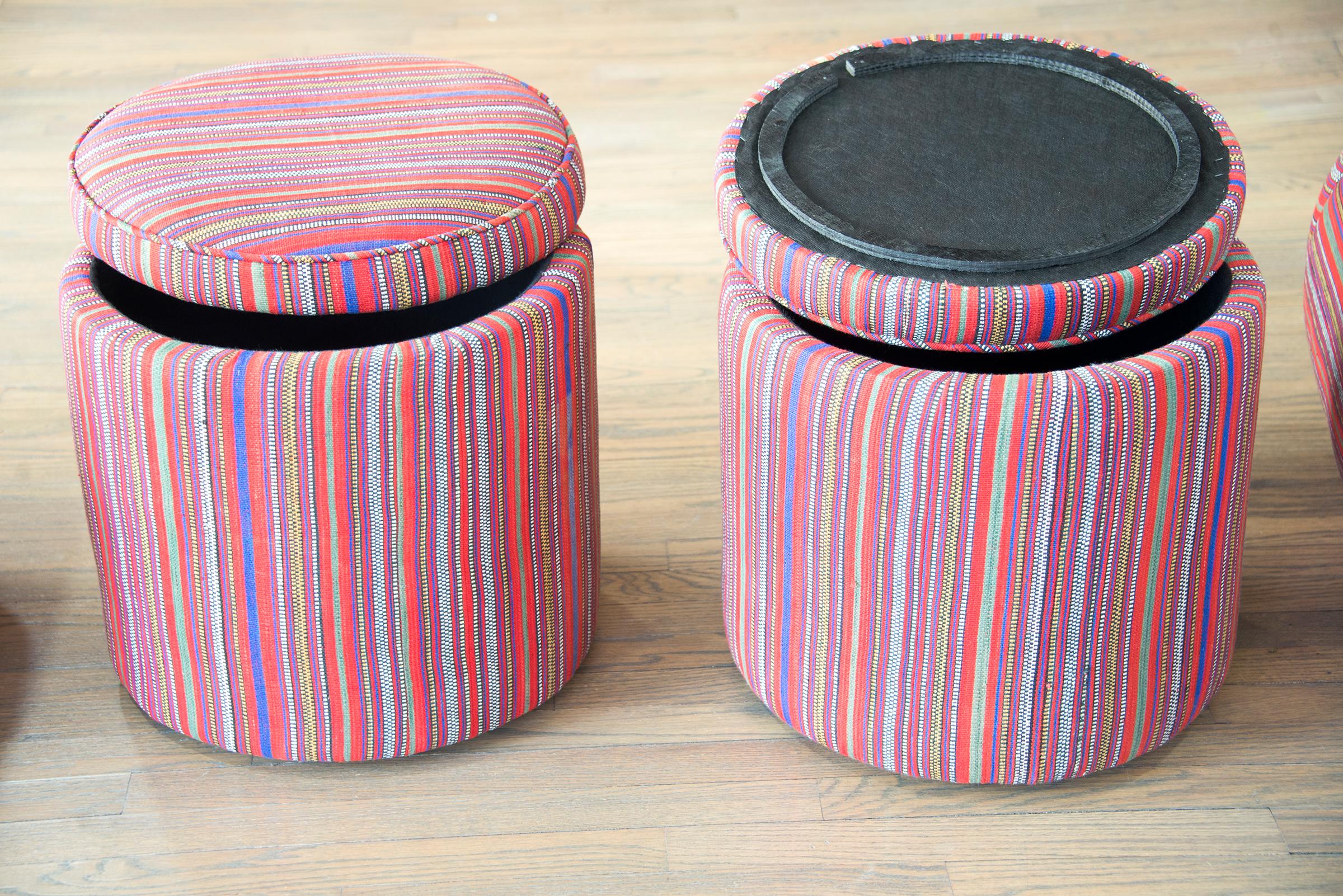 A pair of 21st century storage stools upholstered in vintage Persian Jam kilim rugs.  Four available, sold as pairs.