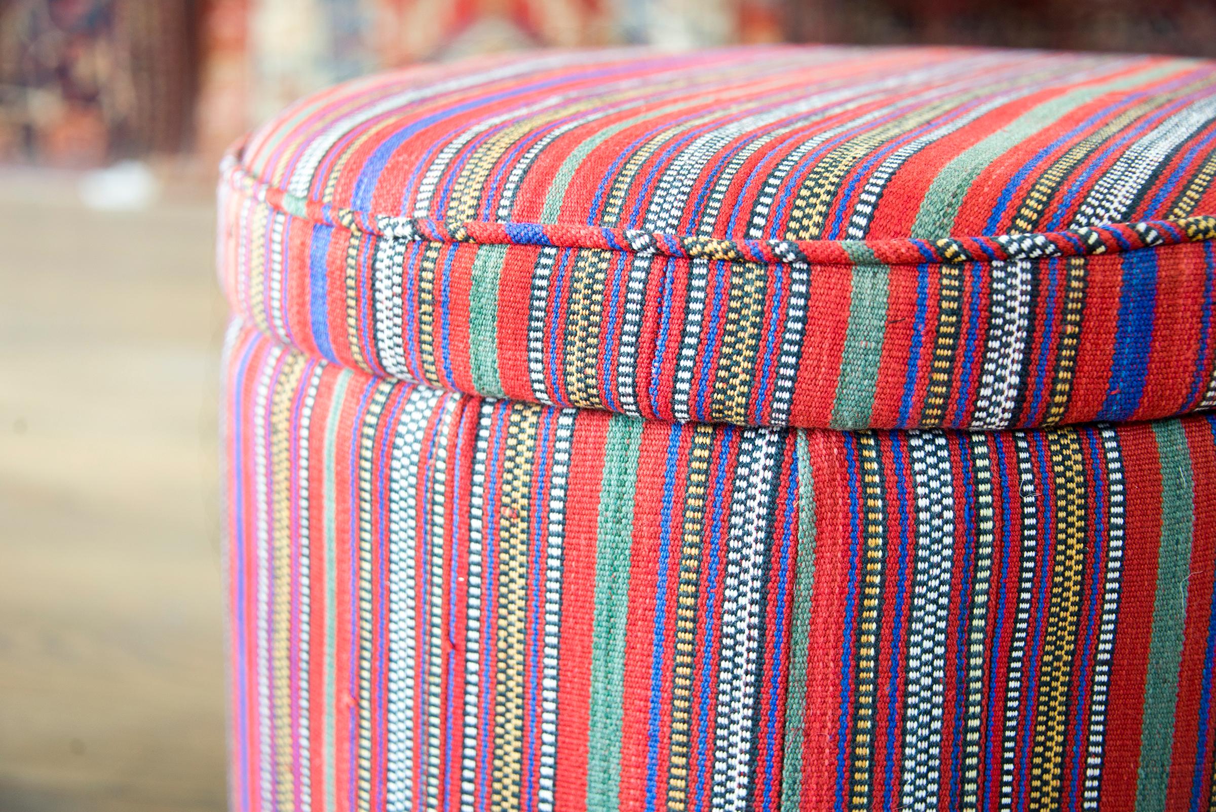 Wool Pair of Persian Jajim Upholstered Stools For Sale