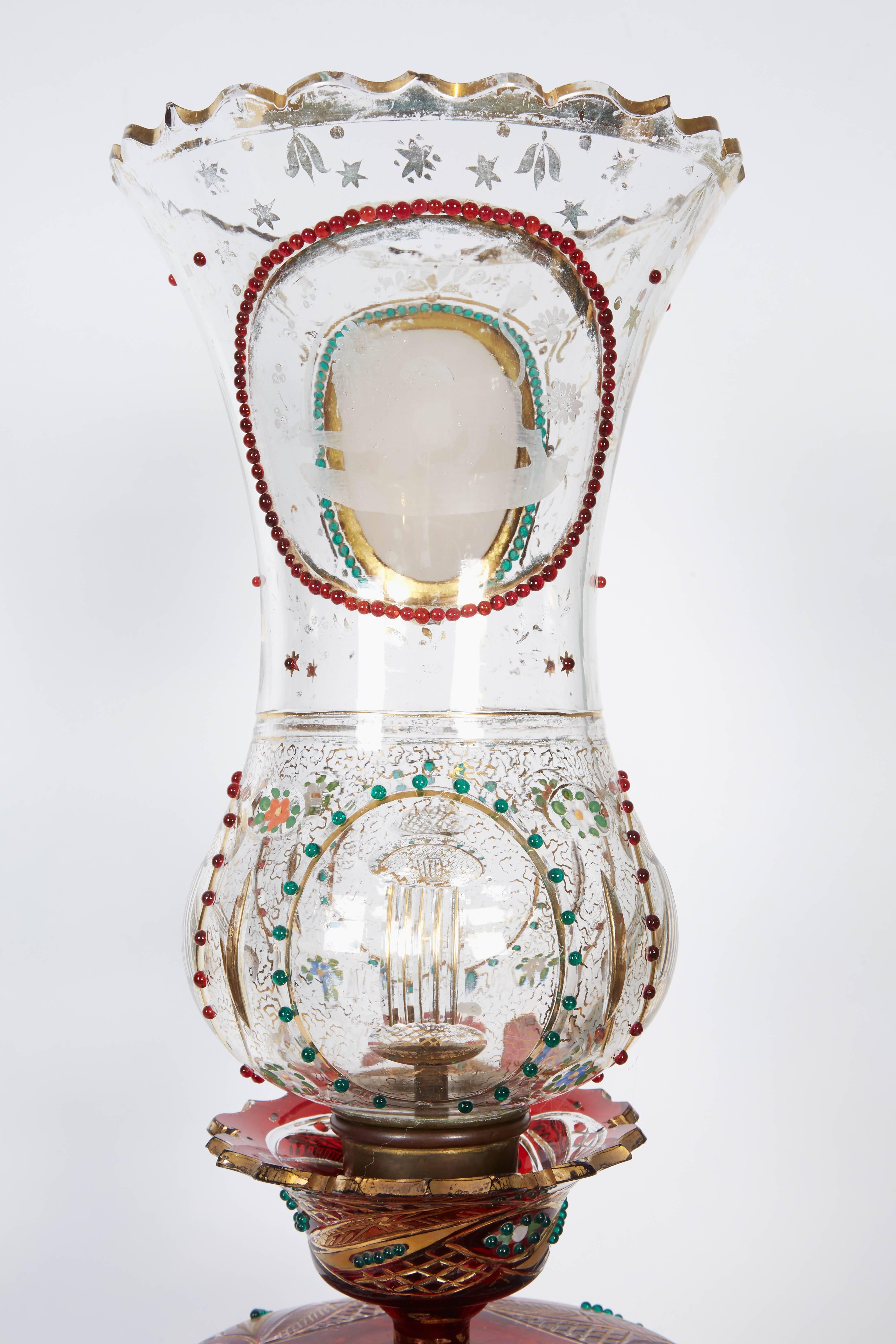 Pair of Persian Qajar Ruby Red Jeweled Bohemian Glass Lusters, 19th Century 4