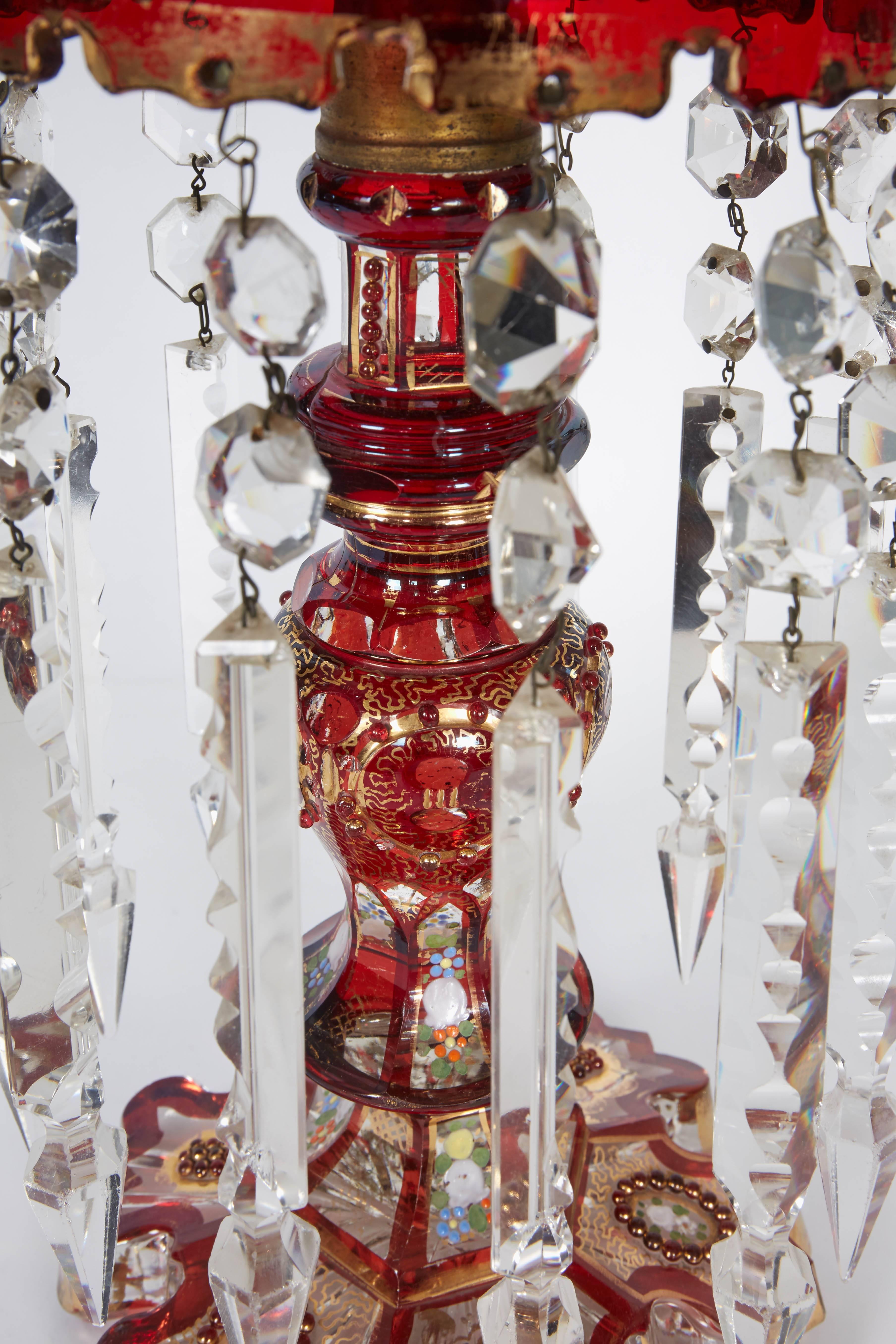 Islamic Pair of Persian Qajar Ruby Red Jeweled Bohemian Glass Lusters, 19th Century