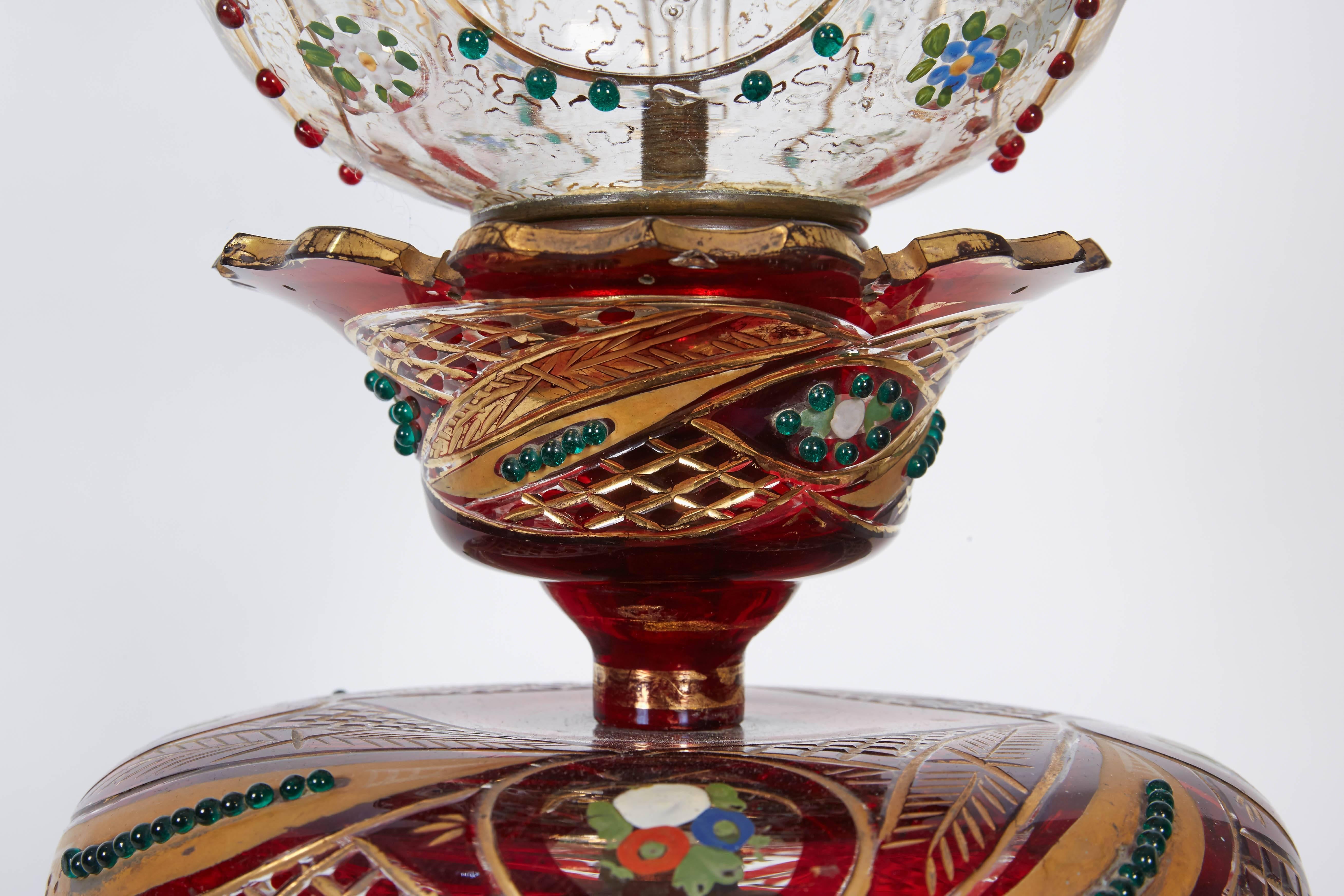 Pair of Persian Qajar Ruby Red Jeweled Bohemian Glass Lusters, 19th Century 2