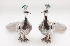 Pair of Persian Silver and Turquoise Peacocks, Mid-20th Century