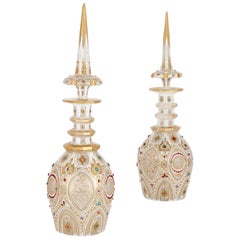 Antique Pair of Persian Style Jeweled White Overlay Glass Decanters