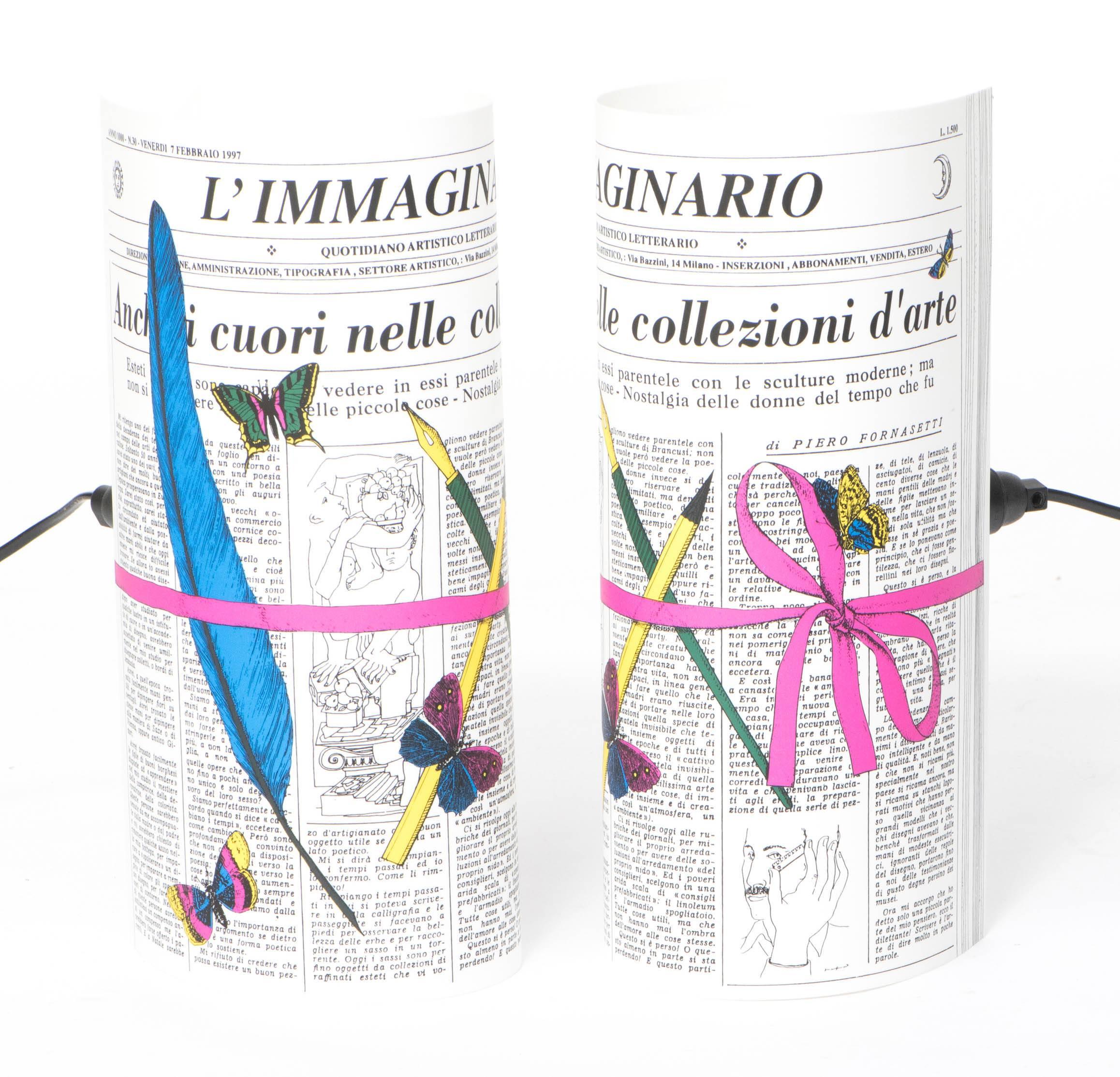 A pair of small table lamps by Barnaba Fornasetti
“Immaginario”
Printed and colored perspex
Made by Fornasetti and Antonangeli Iluminazione.
Paderno Dugano.
Italy, 1995
Measure: 33 cm high x 12 cm wide x 16 cm deep.
 