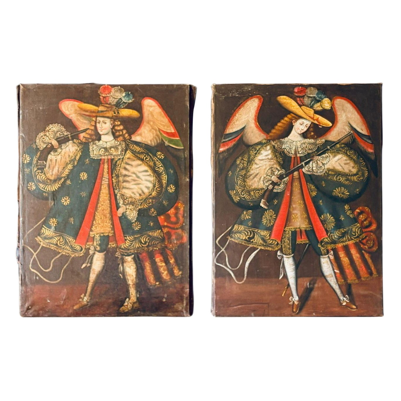 Coppia di dipinti di arcangeli della scuola peruviana di Cuzco in vendita