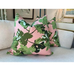 Pair of Peter Dunham Fig Leaf Pink Indoor Outdoor 22” Down Pillows with Covers
