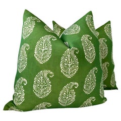 Pareja de cojines rellenos de plumón Peter Dunham de interior y exterior Cachemira en Paisley verde