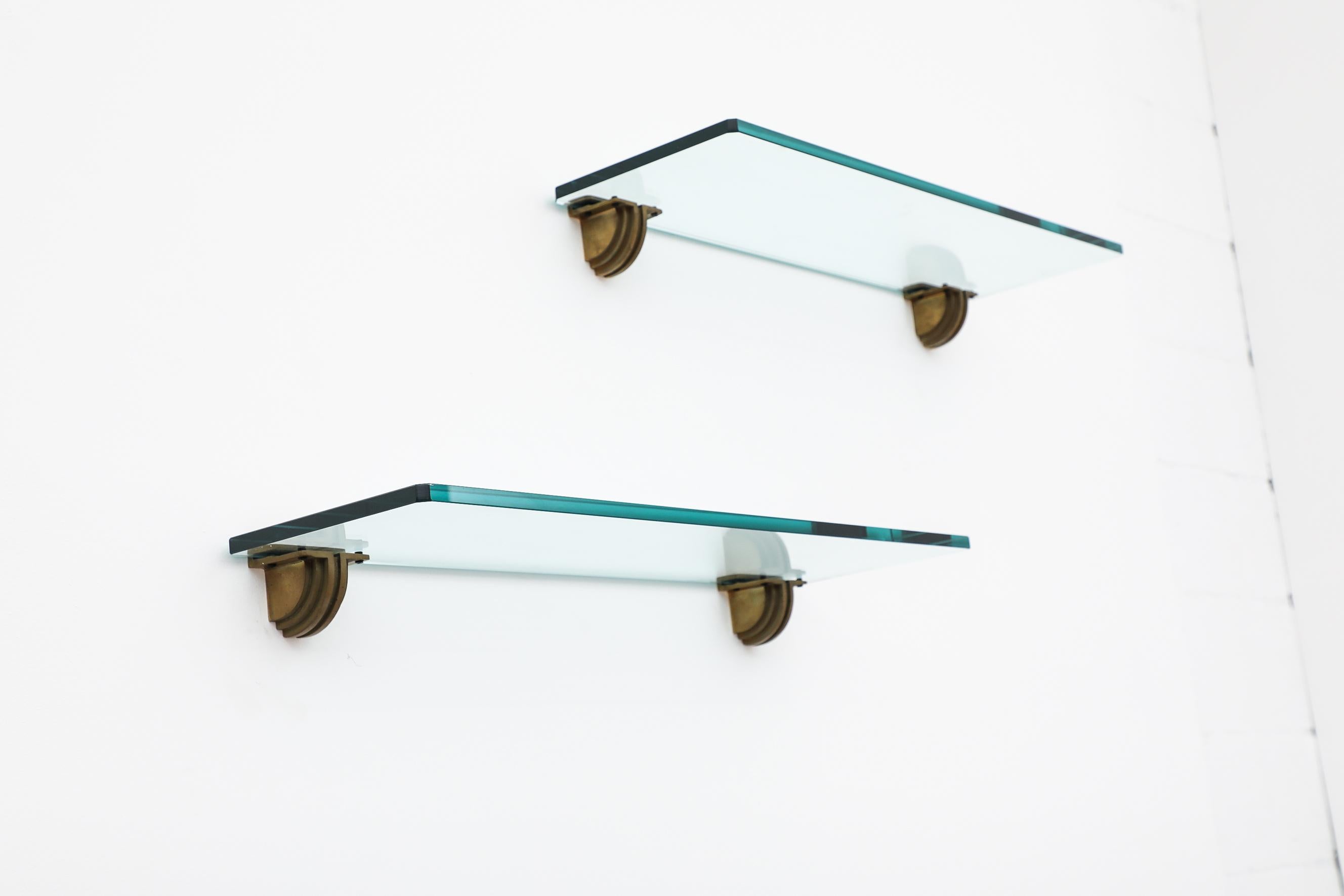 Pair of Peter Ghyczy Pioneer 'R07' Glass and Brass Shelves In Good Condition In Los Angeles, CA