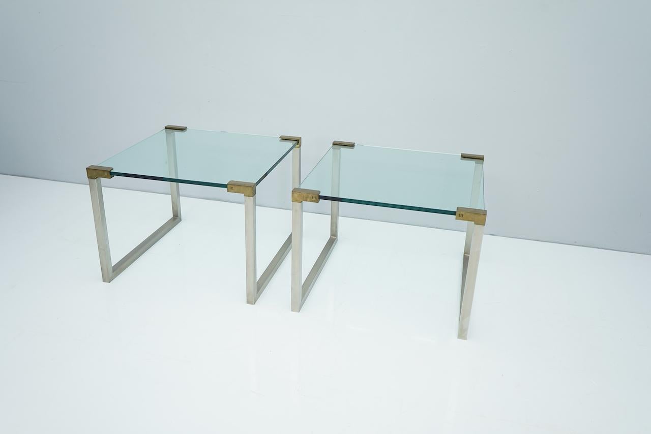 Mid-Century Modern Pair of Peter Ghyczy Side Tables in Glass and Brass, 1970s For Sale