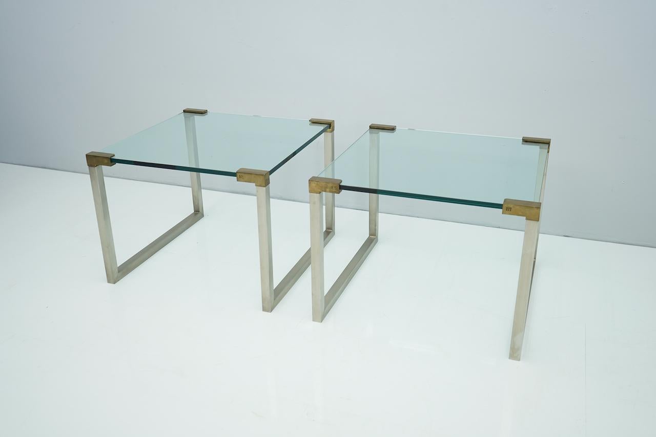 European Pair of Peter Ghyczy Side Tables in Glass and Brass, 1970s For Sale