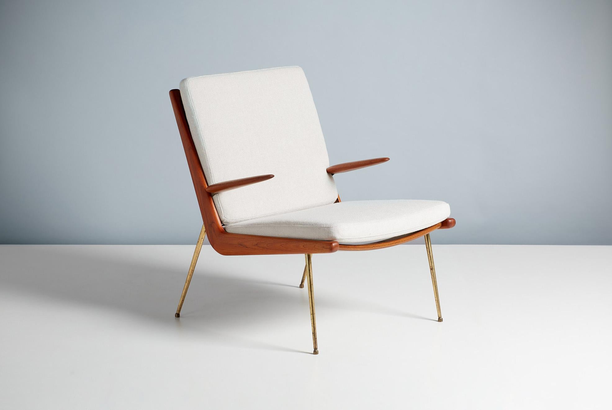 Peter Hvidt & Orla Molgaard-Nielsen.

Pair of Boomerang chairs, circa 1959.

Produced by France & Daverkosen, Denmark. Teak frames with patinated brass legs and fittings. New cushions covered in pale grey Kvadrat Hallingdal wool fabric.