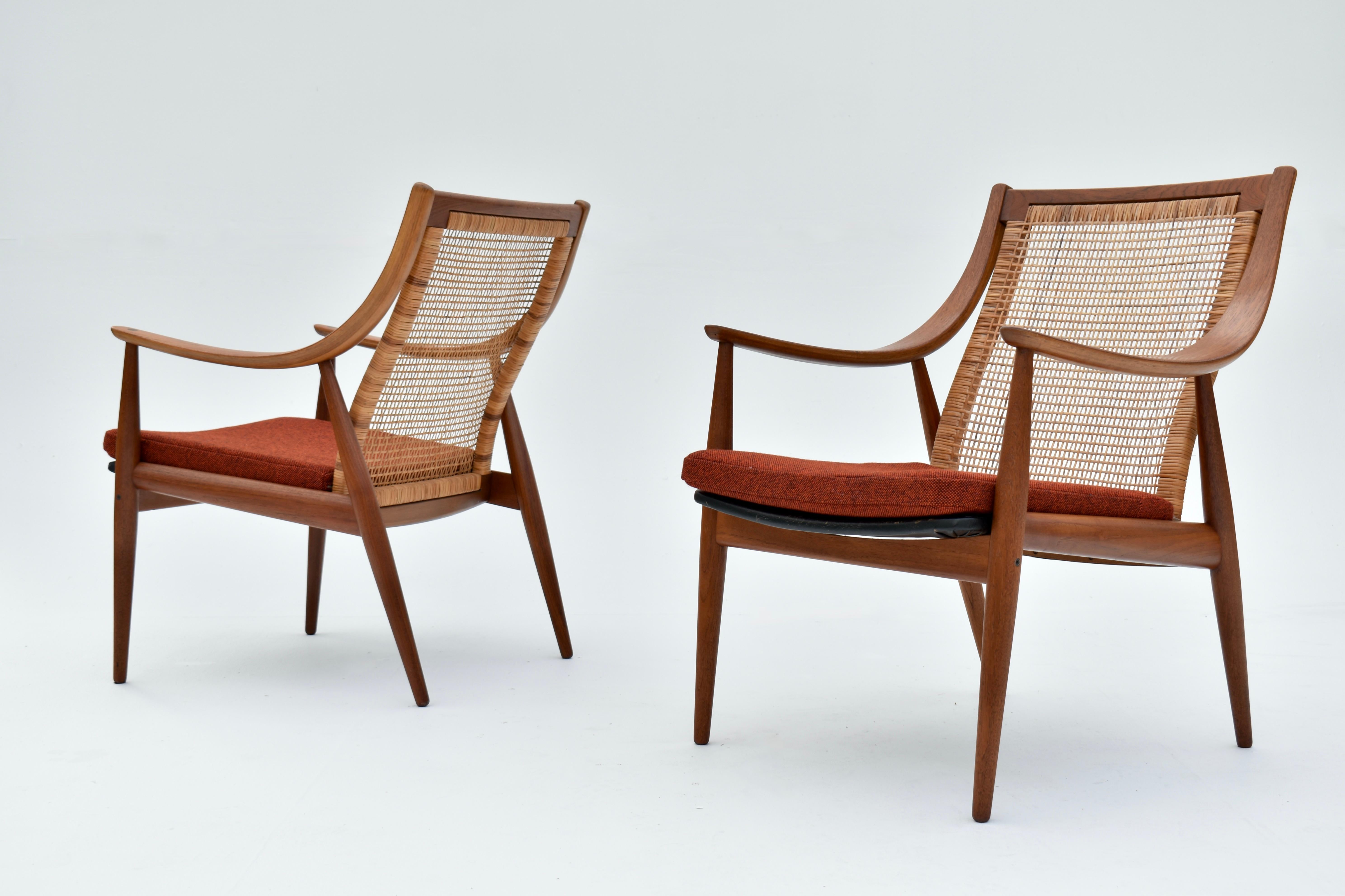 Pair Of Peter Hvidt & Orla Molgaard Nielsen Model 147 Teak & Rattan Chairs 11