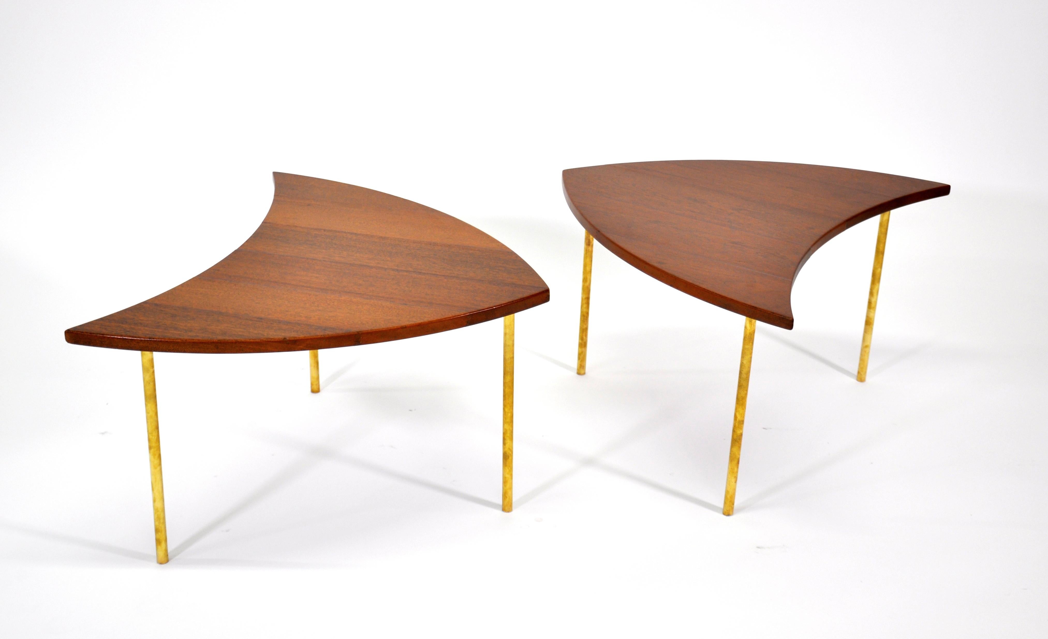Pair of midcentury Danish modern interlocking modular model 523 end tables from the segmented Pinwheel series designed by Peter Hvidt in 1952 for France and Daverkosen (later renamed France and Son). The shield shaped occasional tables can be placed