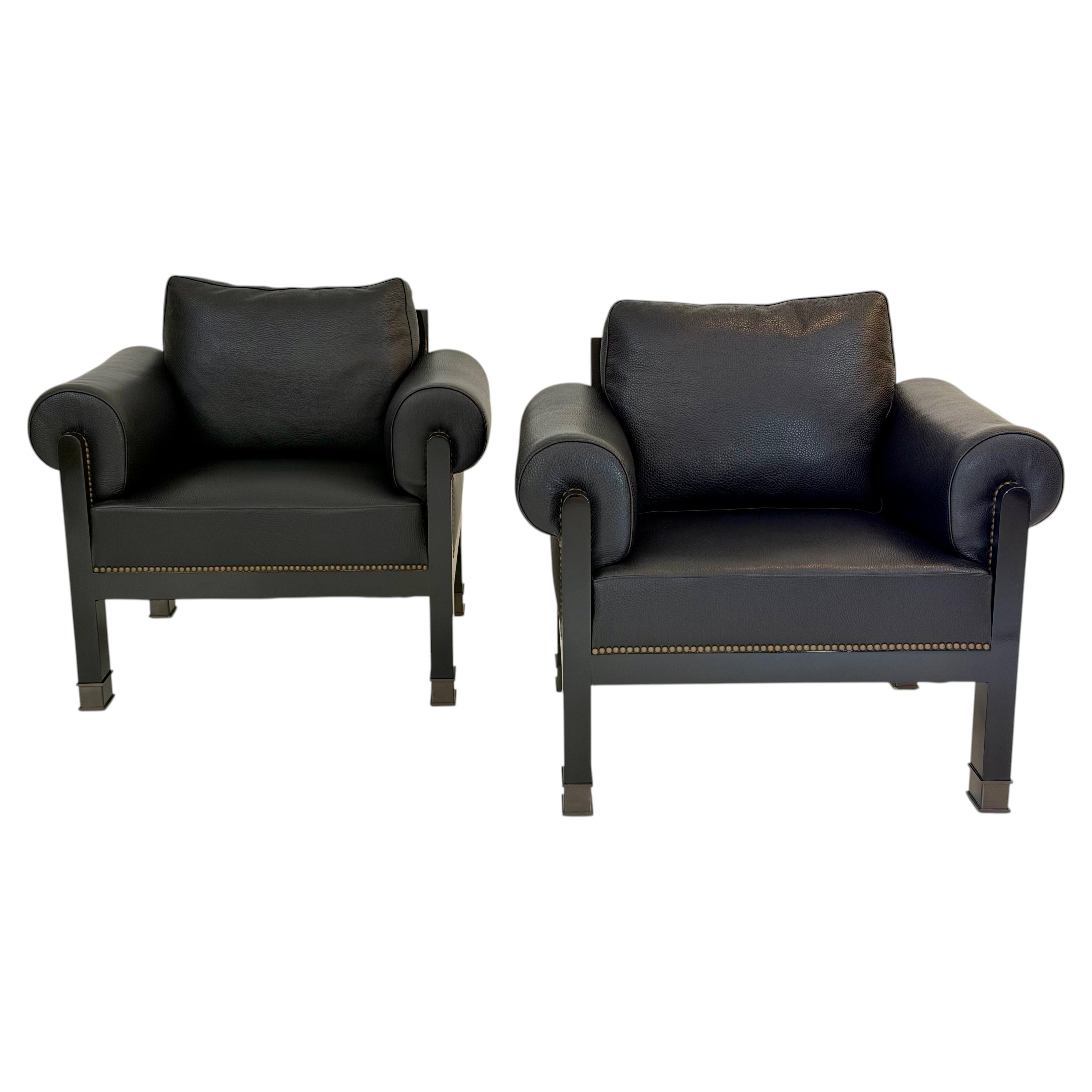 Pair of Peter Marino Arm Chairs in Edelman Leather with Black Lacquer Frames For Sale