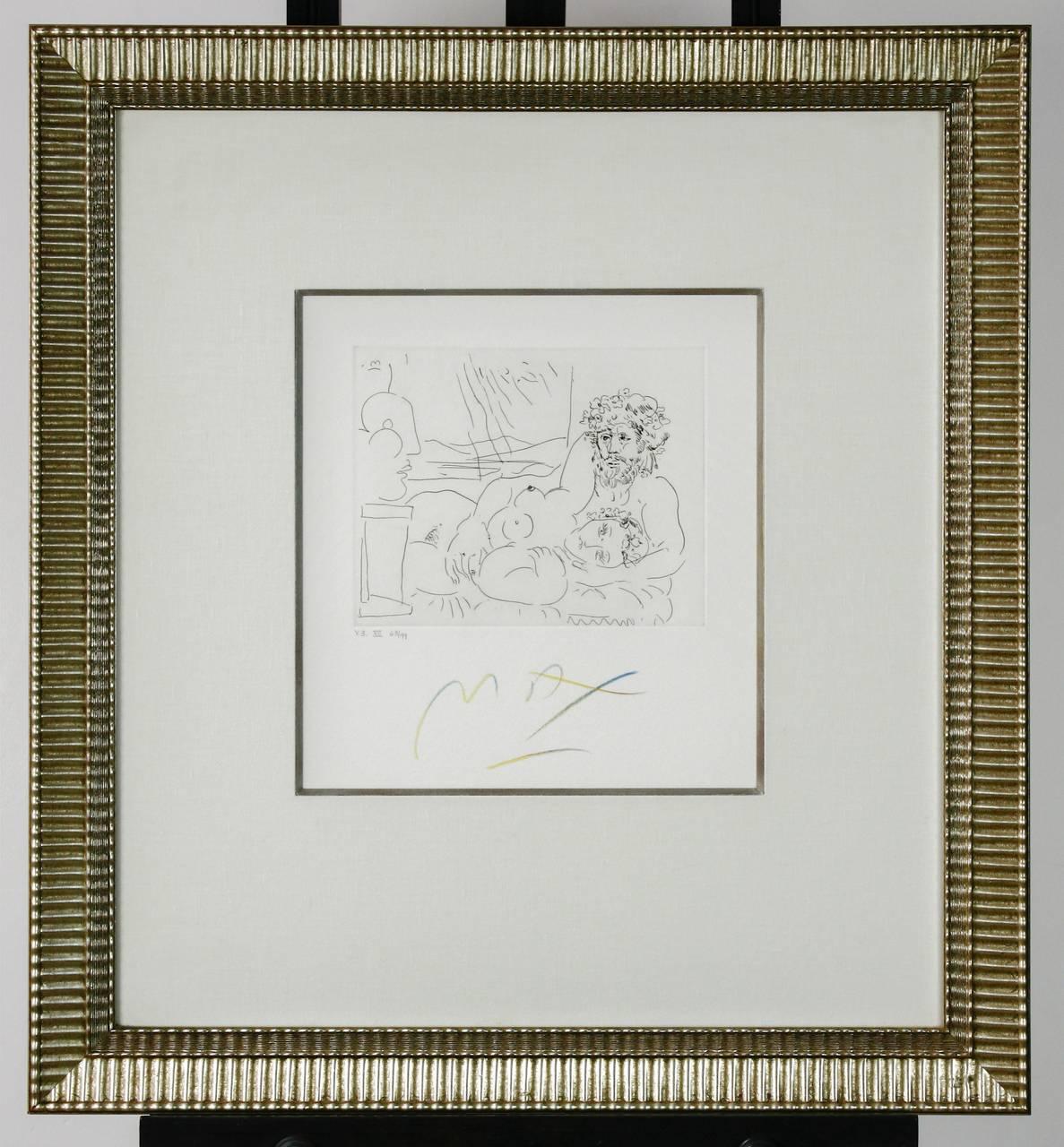 Fantastic pair of Peter Max (American b. 1937) V3 IX and XII. In the manner of Picasso each color pencil signed lower center and titled lower left 63 of 99. Mounted in silver gilt frames bordered in white linen. Etchings V3 X and XI also available