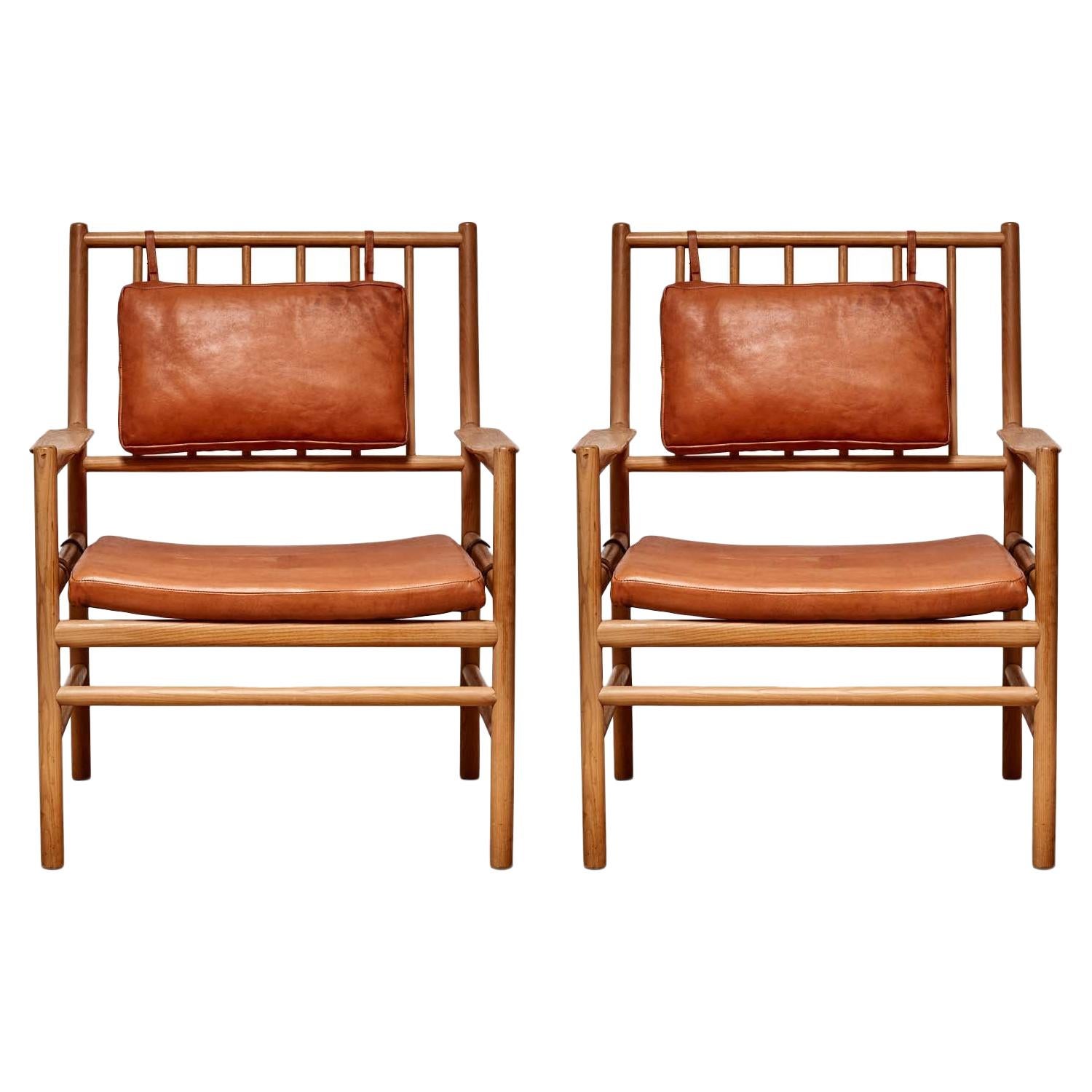 Pair of "Peter" Oak and Leather Lounge Chairs by Arne Norell
