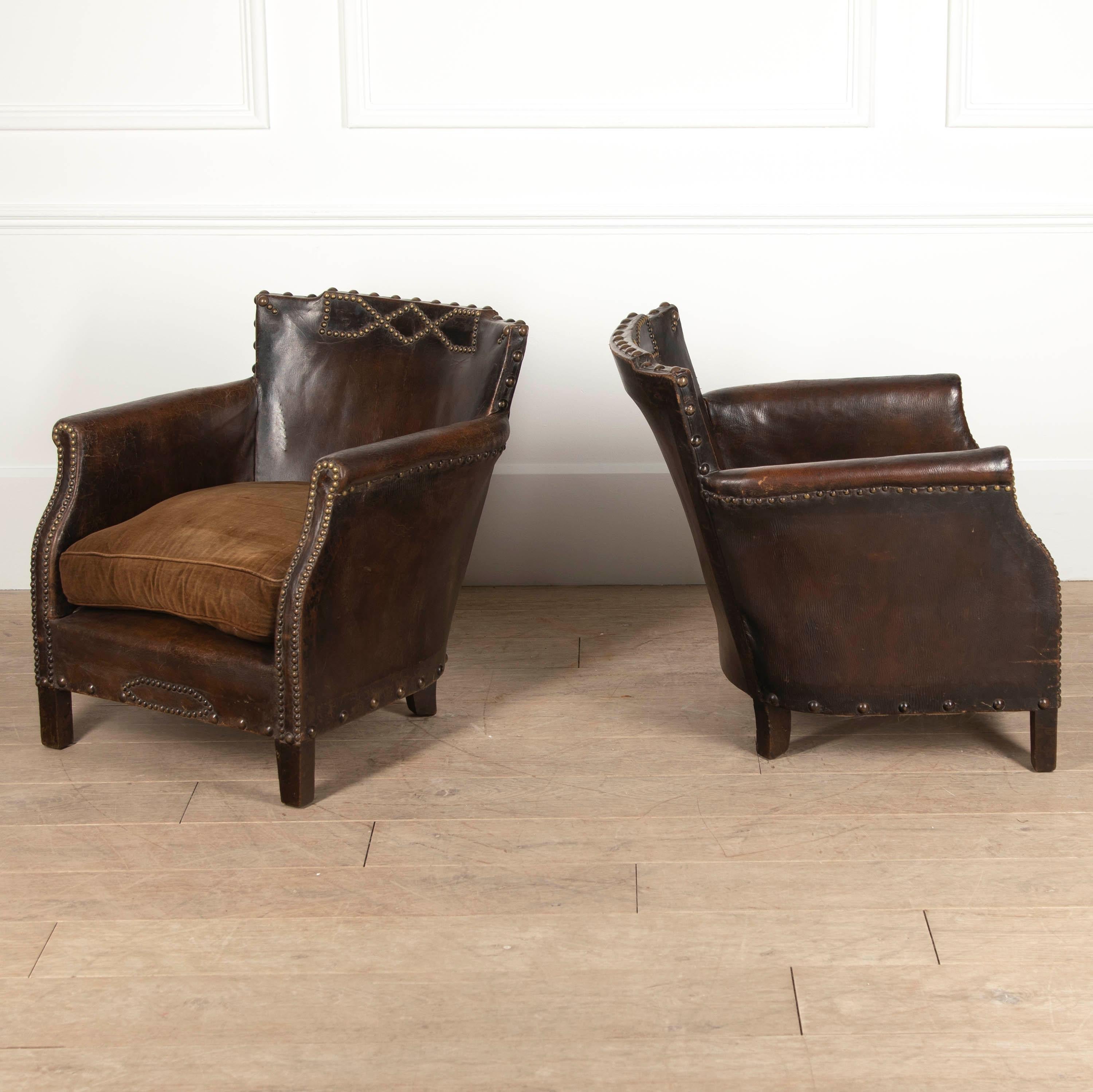 Leather Pair of Petite 20th Century French Club Chairs