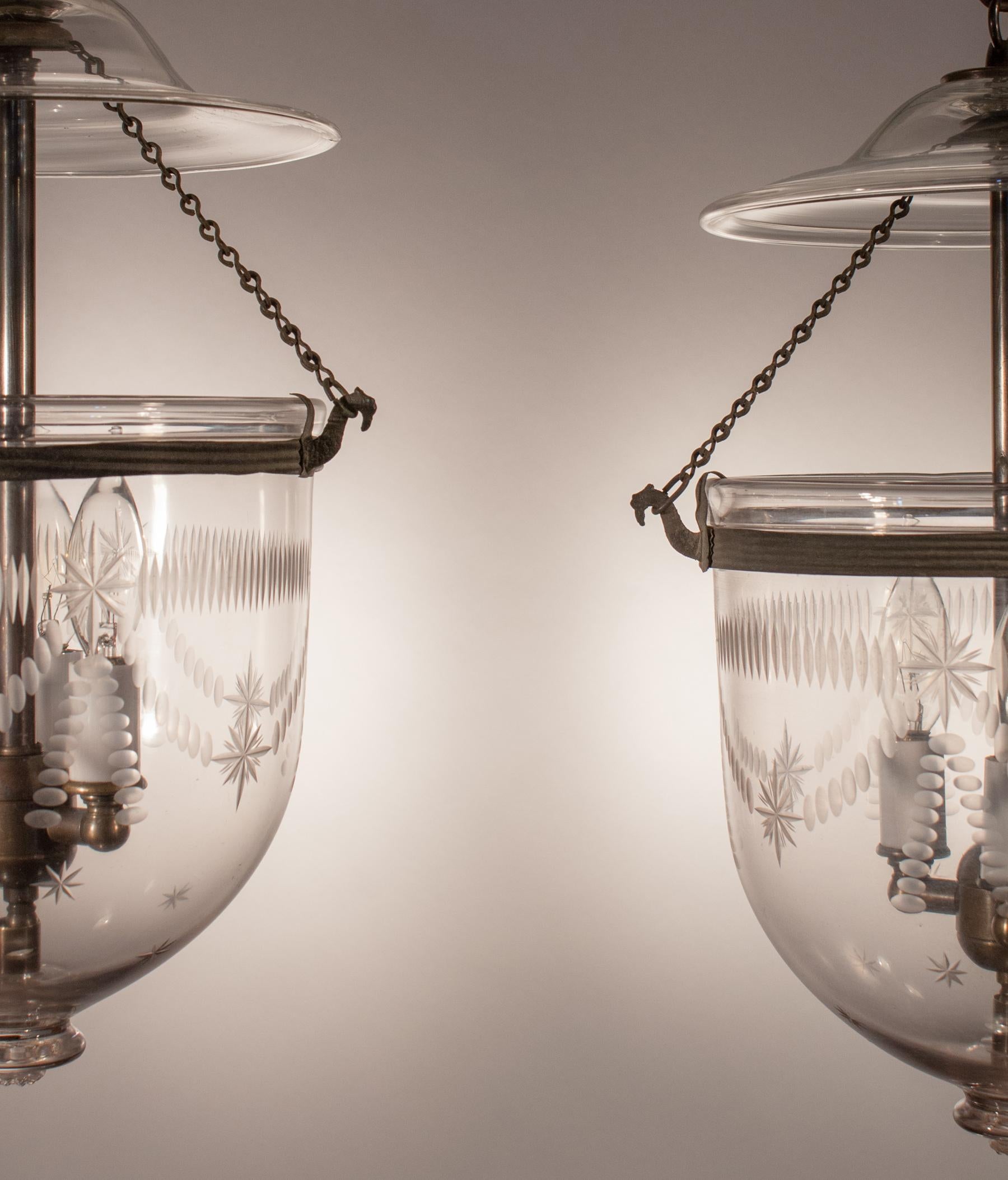 English Pair of Petite Antique Bell Jar Lanterns with Federal Etching