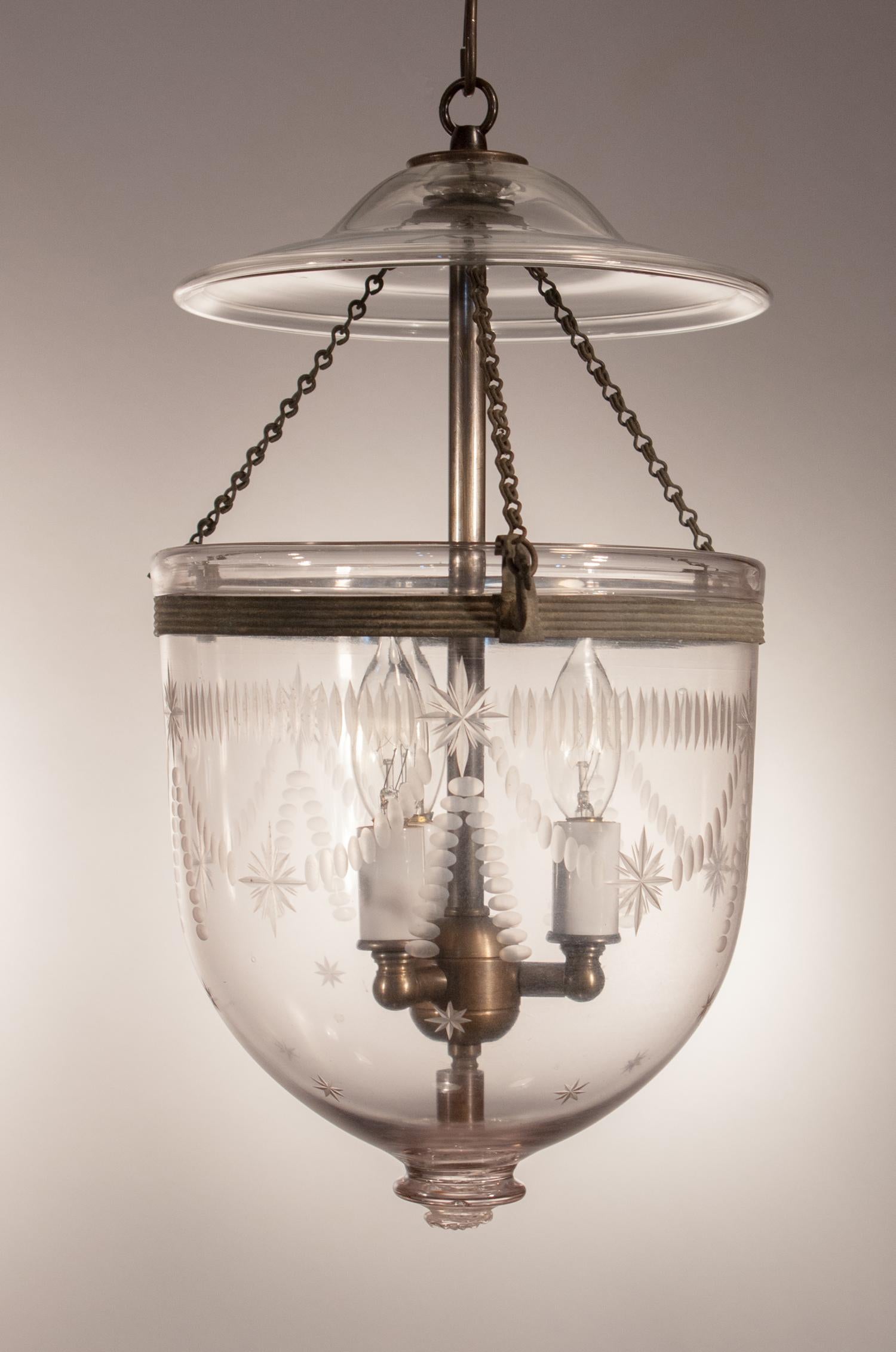 Pair of Petite Antique Bell Jar Lanterns with Federal Etching In Good Condition In Heath, MA